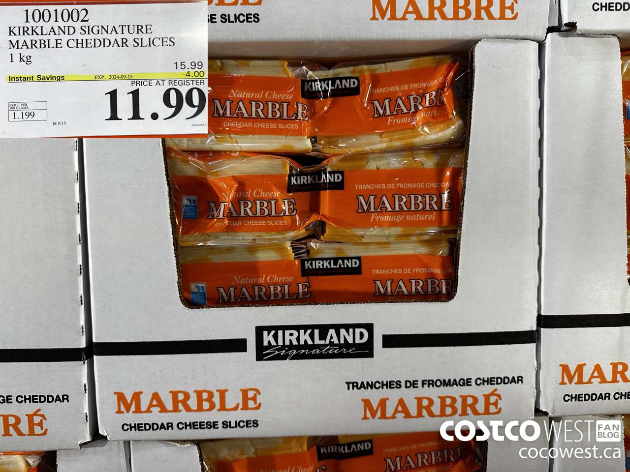 1001002 KIRKLAND SIGNATURE MARBLE CHEDDAR SLICES 1KG ($4.00 INSTANT SAVINGS EXPIRES ON 2024-09-15) $11.99
