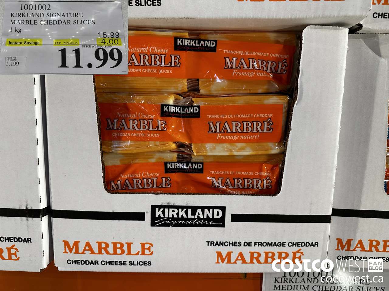 1001002 KIRKLAND SIGNATURE MARBLE CHEDDAR SLICES 1KG ($4.00 INSTANT SAVINGS EXPIRES ON 2024-09-15) $11.99