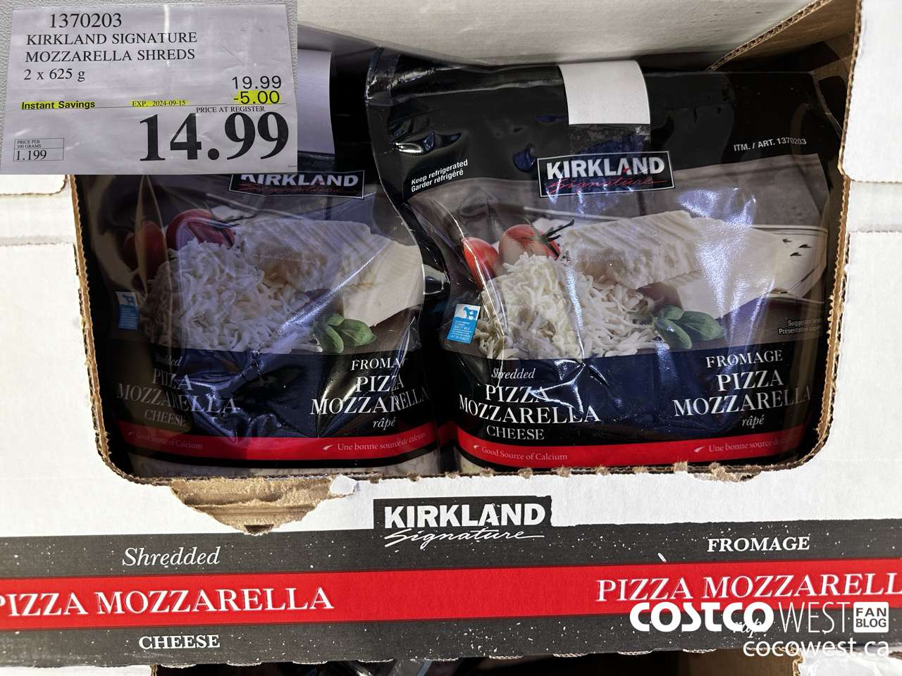 1370203 KIRKLAND SIGNATURE MOZZARELLA SHREDS 2 X 625 G ($5.00 INSTANT SAVINGS EXPIRES ON 2024-09-15) $14.99