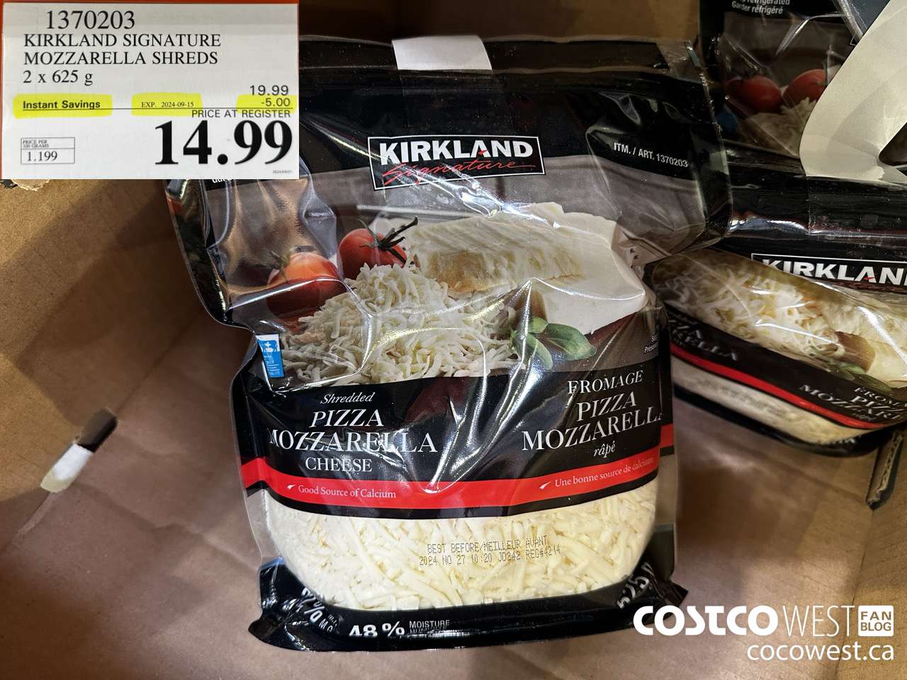1370203 KIRKLAND SIGNATURE MOZZARELLA SHREDS 2 X 625 G ($5.00 INSTANT SAVINGS EXPIRES ON 2024-09-15) $14.99