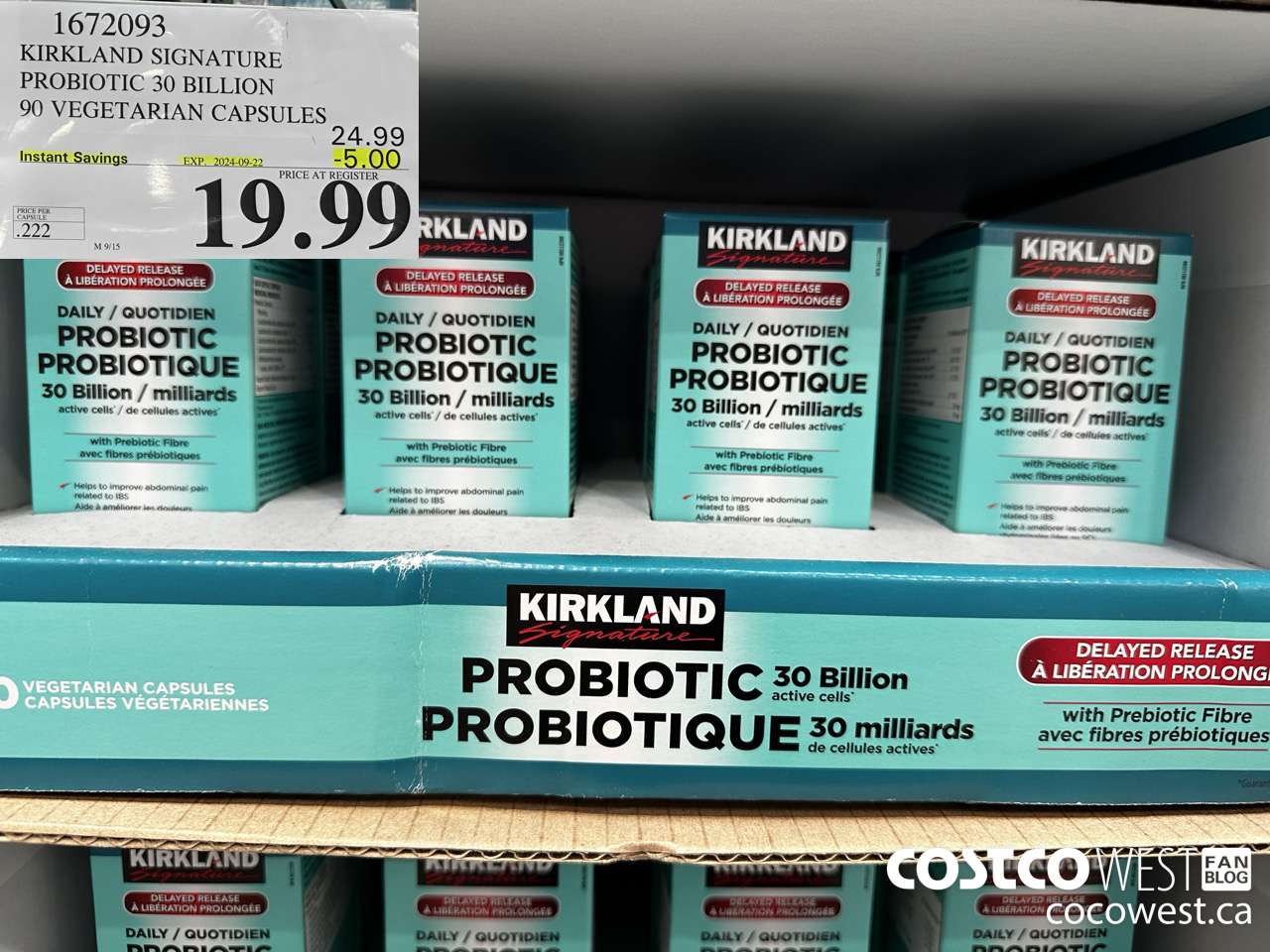 1672093 KIRKLAND SIGNATURE PROBIOTIC 30 BILLION 90 VEGETARIAN CAPSULES ($5.00 INSTANT SAVINGS EXPIRES ON 2024-09-22) $19.99