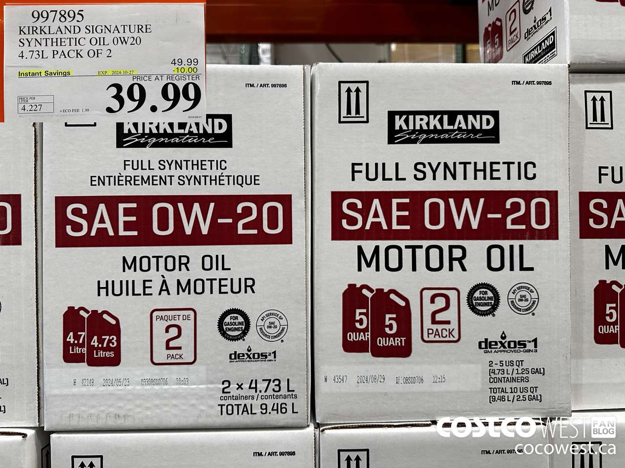 997895 KIRKLAND SIGNATURE SYNTHETIC OIL 0W20 4.73L PACK OF 2 ($10.00 INSTANT SAVINGS EXPIRES ON 2024-10-27) $39.99