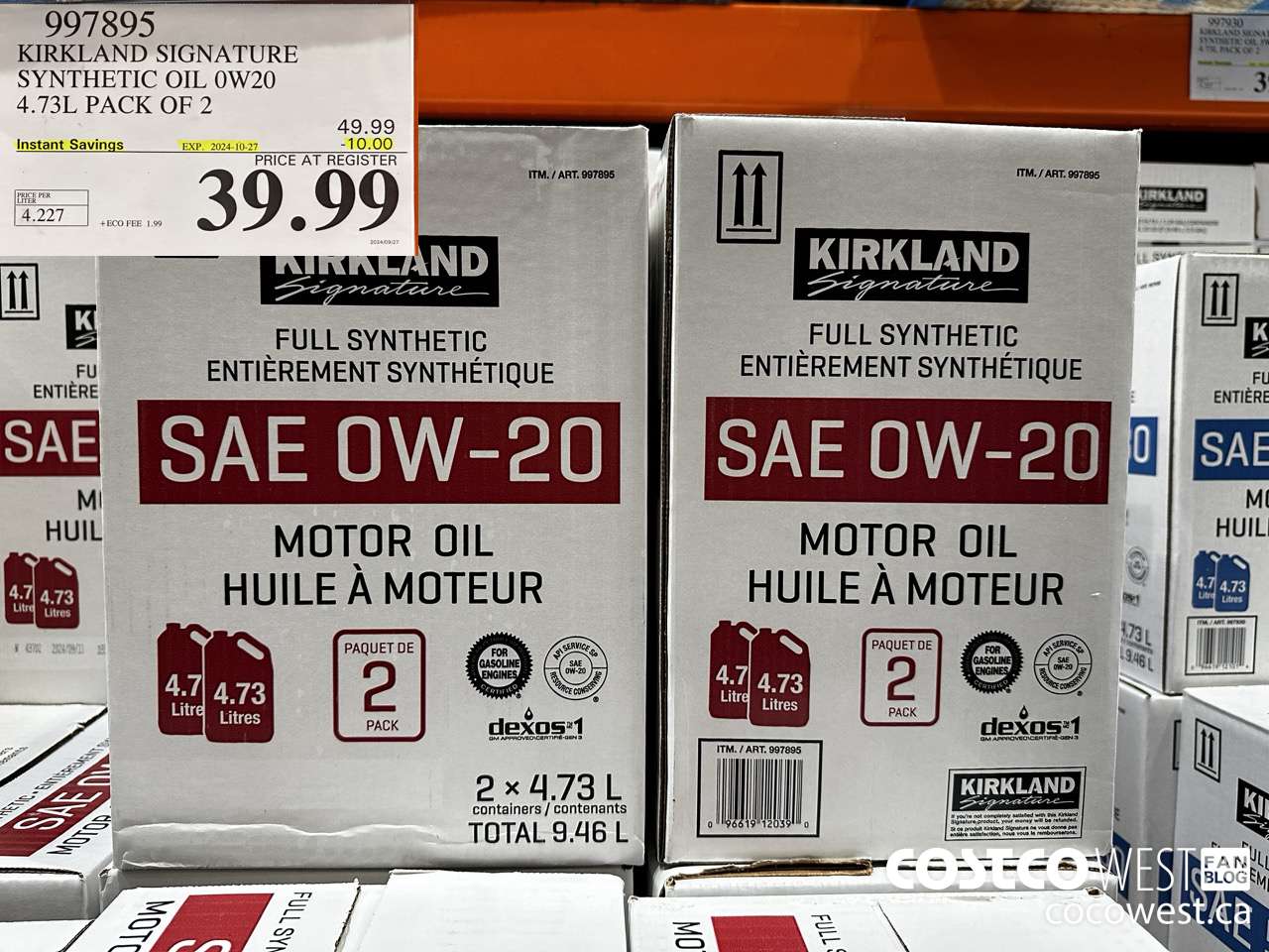 997895 KIRKLAND SIGNATURE SYNTHETIC OIL 0W20 4.73L PACK OF 2 ($10.00 INSTANT SAVINGS EXPIRES ON 2024-10-27) $39.99