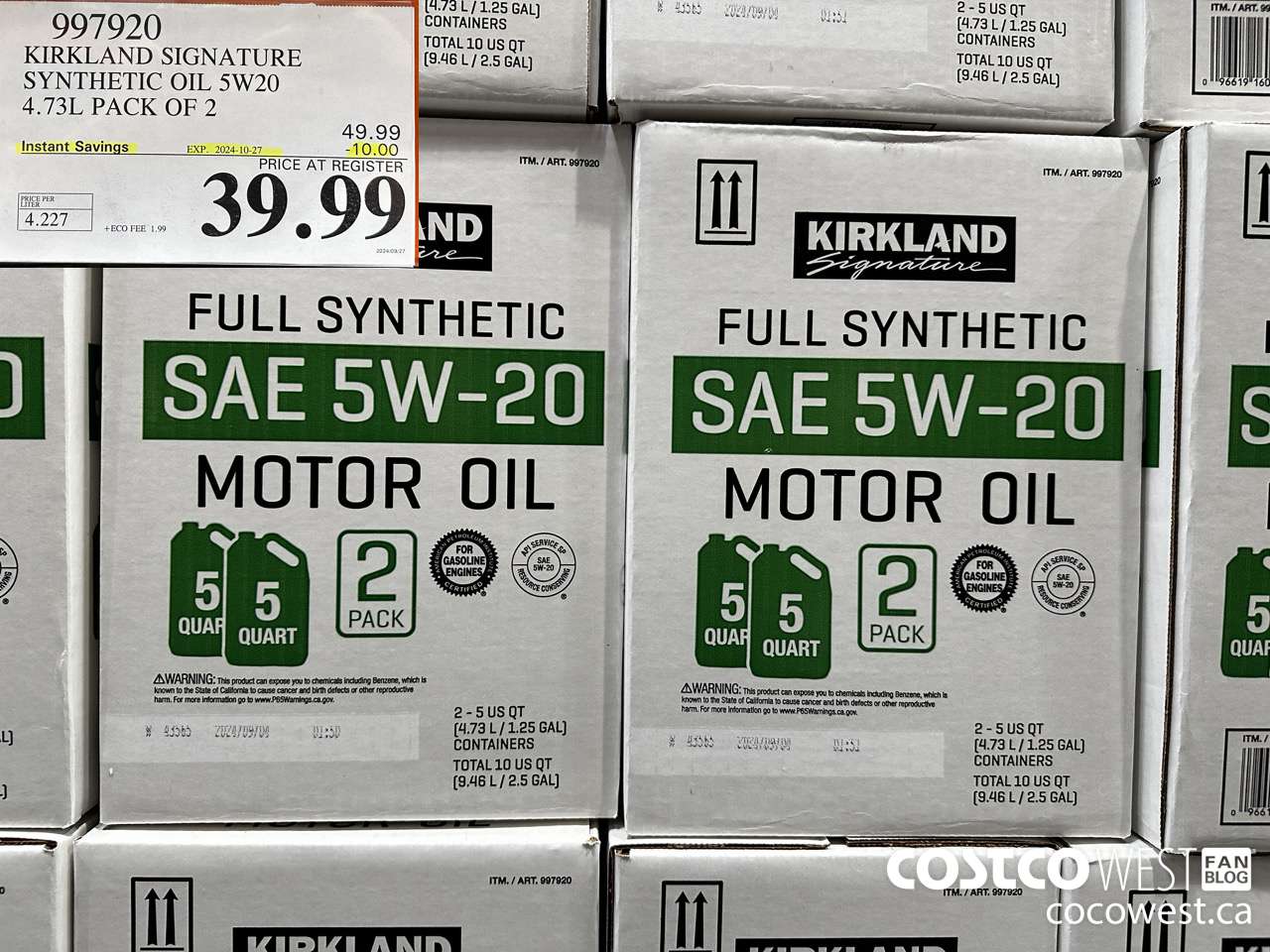 997920 KIRKLAND SIGNATURE SYNTHETIC OIL 5W20 4.73L PACK OF 2 ($10.00 INSTANT SAVINGS EXPIRES ON 2024-10-27) $39.99