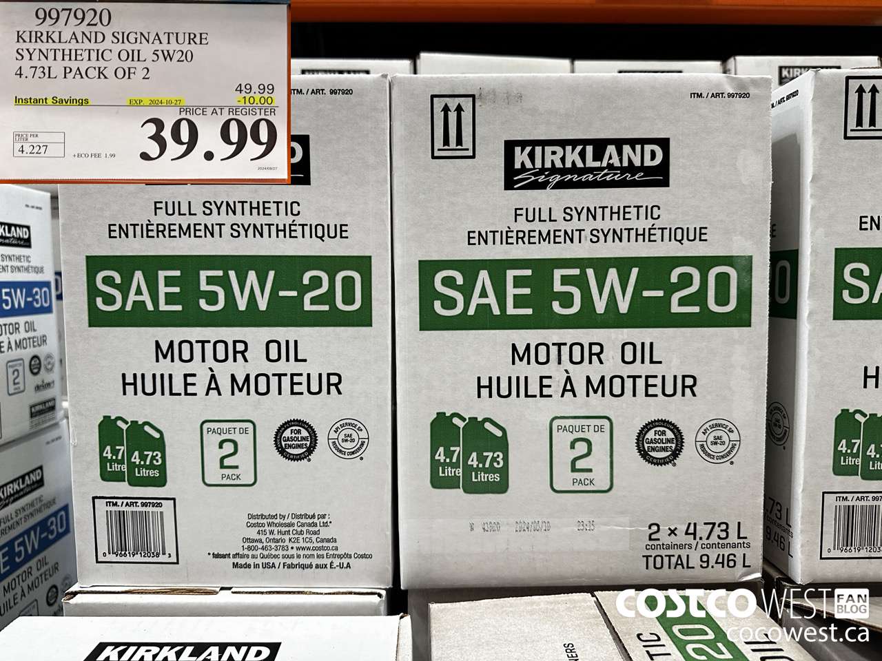 997920 KIRKLAND SIGNATURE SYNTHETIC OIL 5W20 4.73L PACK OF 2 ($10.00 INSTANT SAVINGS EXPIRES ON 2024-10-27) $39.99