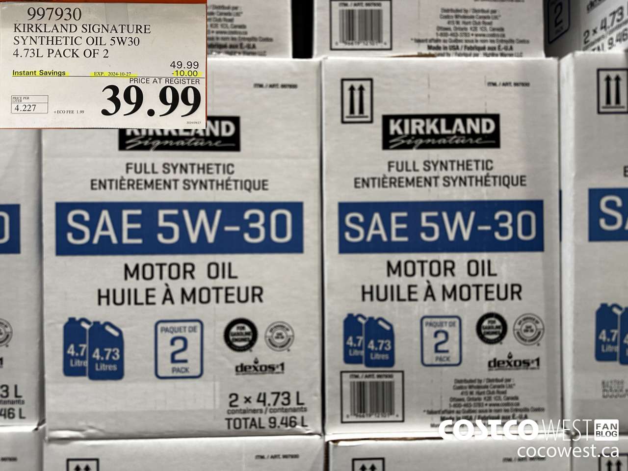 997930 KIRKLAND SIGNATURE SYNTHETIC OIL 5W30 4.73L PACK OF 2 ($10.00 INSTANT SAVINGS EXPIRES ON 2024-10-27) $39.99