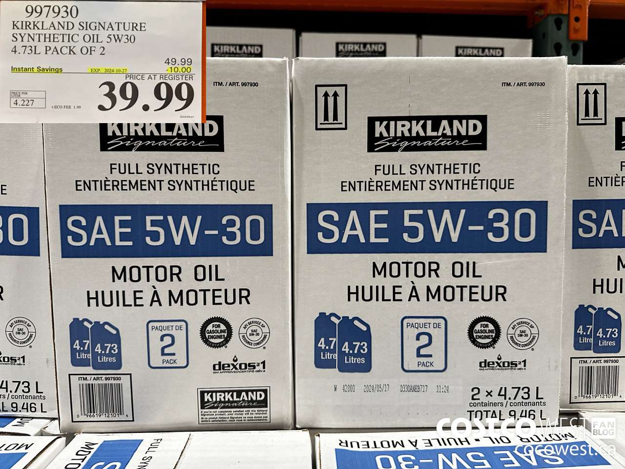 997930 KIRKLAND SIGNATURE SYNTHETIC OIL 5W30 4.73L PACK OF 2 ($10.00 INSTANT SAVINGS EXPIRES ON 2024-10-27) $39.99