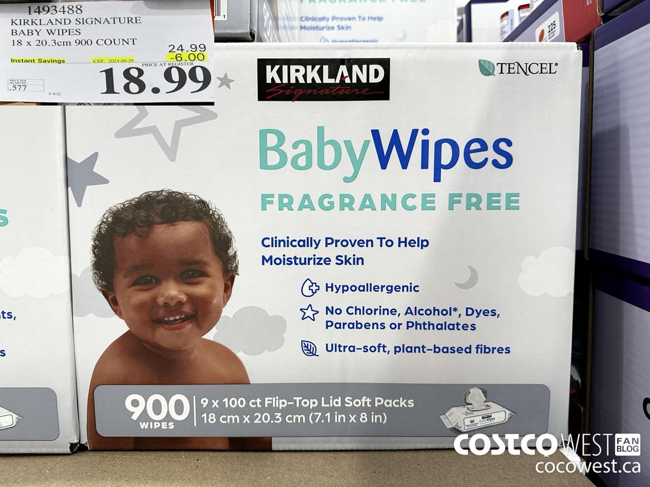 1493488 KIRKLAND SIGNATURE TENCEL BABY WIPES 18 X 20.3 CM 900 COUNT ($6.00 INSTANT SAVINGS EXPIRES ON 2024-09-29) $18.99