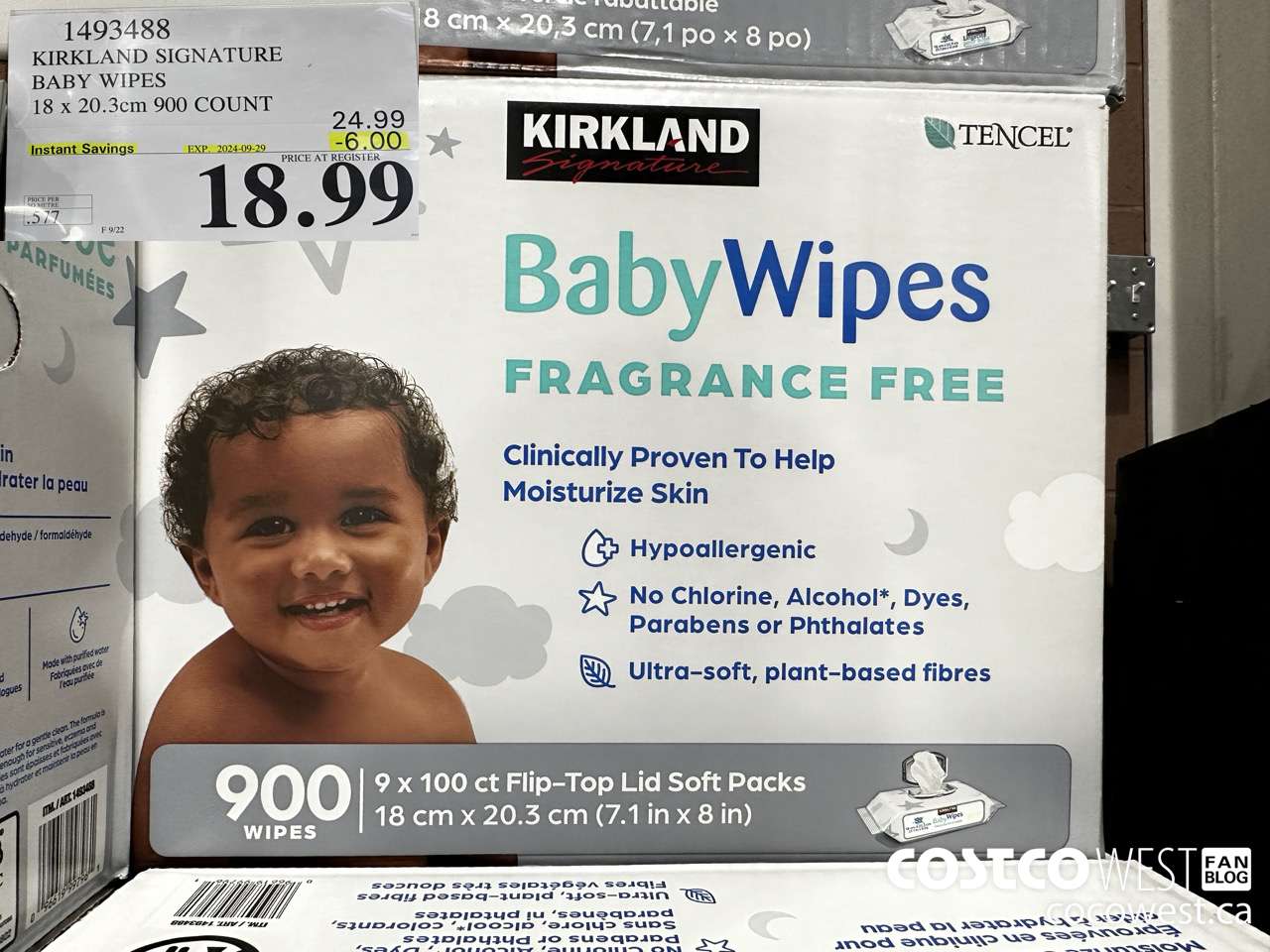 1493488 KIRKLAND SIGNATURE TENCEL BABY WIPES 18 X 20.3 CM 900 COUNT ($6.00 INSTANT SAVINGS EXPIRES ON 2024-09-29) $18.99