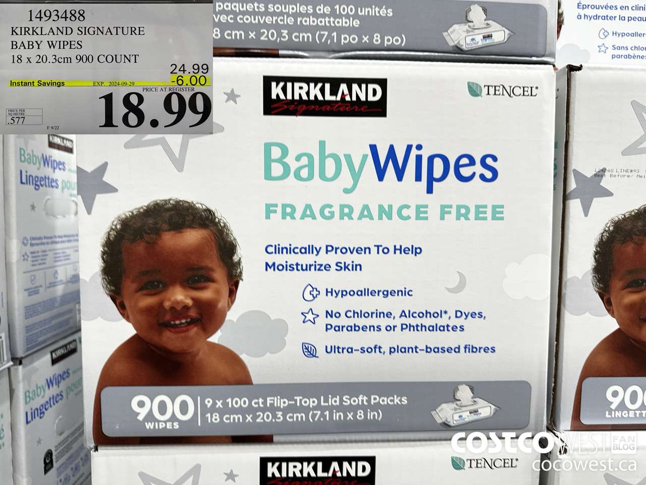 1493488 KIRKLAND SIGNATURE TENCEL BABY WIPES 18 X 20.3 CM 900 COUNT ($6.00 INSTANT SAVINGS EXPIRES ON 2024-09-29) $18.99