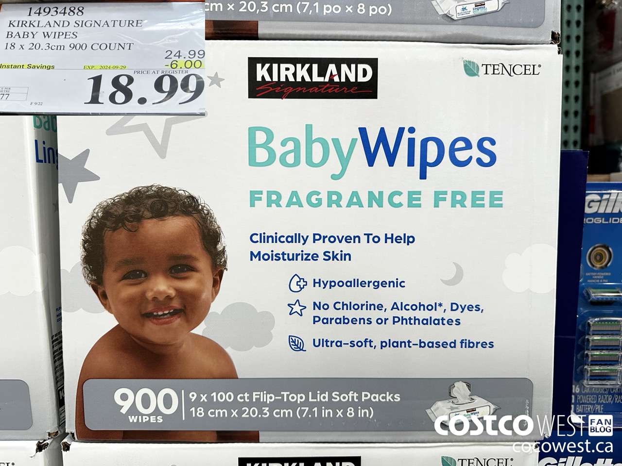 1493488 KIRKLAND SIGNATURE TENCEL BABY WIPES 18 X 20.3 CM 900 COUNT ($6.00 INSTANT SAVINGS EXPIRES ON 2024-09-29) $18.99