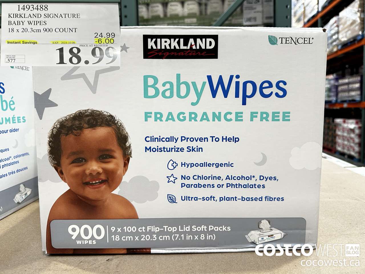 1493488 KIRKLAND SIGNATURE TENCEL BABY WIPES 18 X 20.3 CM 900 COUNT ($6.00 INSTANT SAVINGS EXPIRES ON 2024-10-06) $18.99