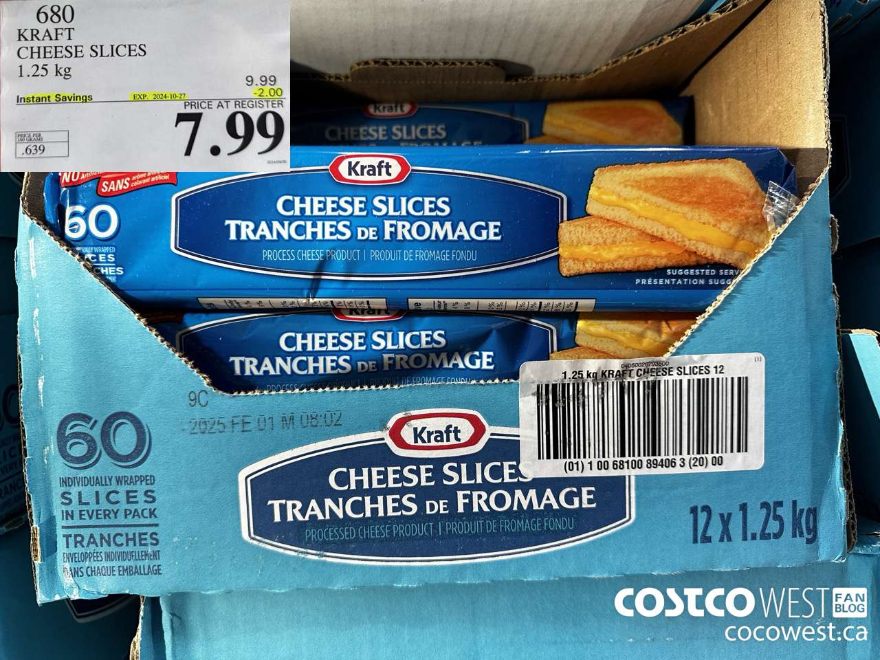 680 KRAFT CHEESE SLICES 1.25 kg ($2.00 INSTANT SAVINGS EXPIRES ON 2024-10-27) $7.99