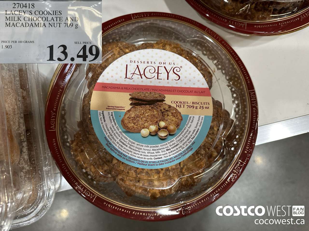 270418 LACEY'S COOKIES MILK CHOCOLATE AND MACADAMIA NUT 709G $13.49