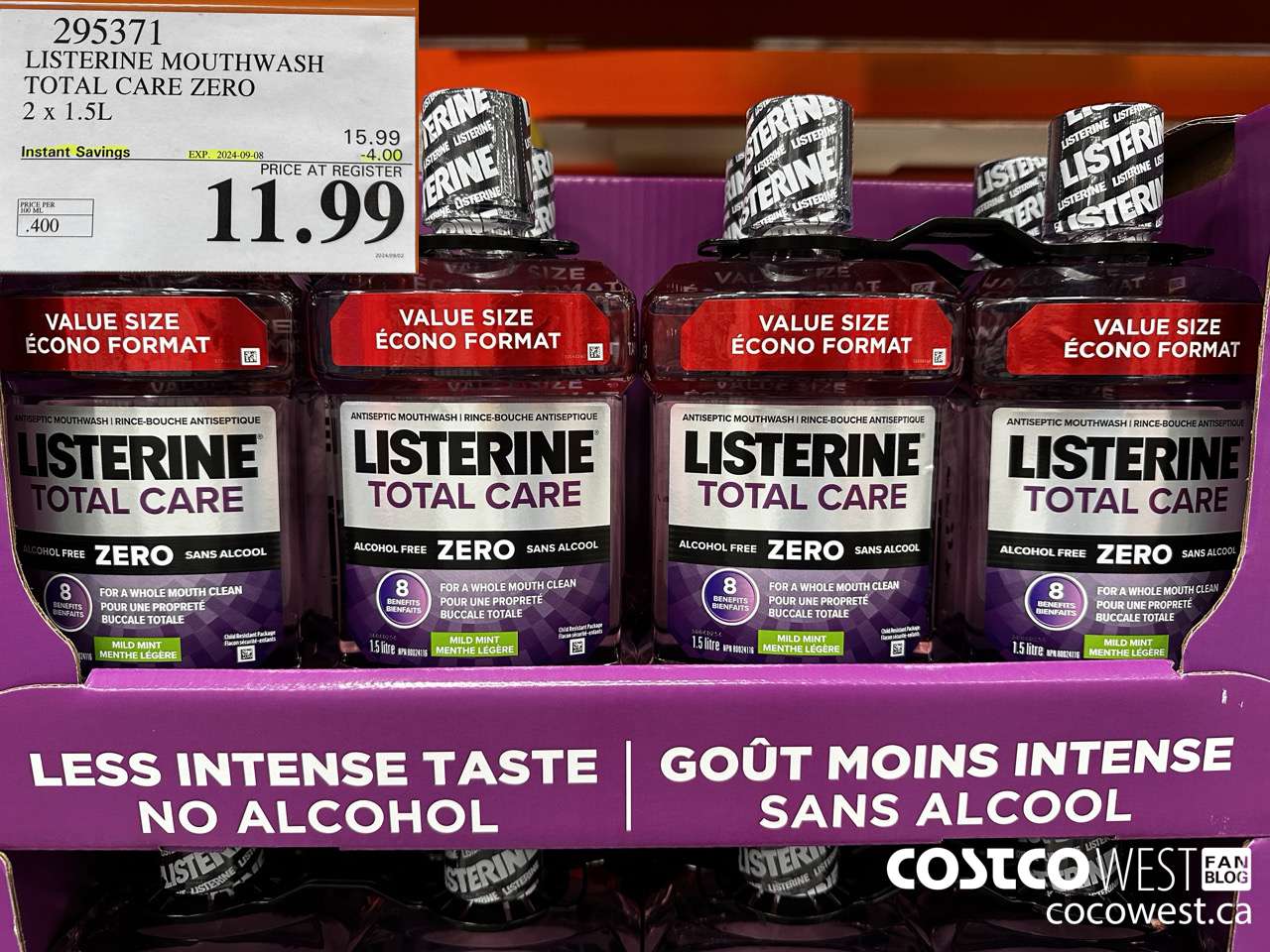 295371 LISTERINE MOUTHWASH TOTAL CARE ZERO 2 X 1.5L ($4.00 INSTANT SAVINGS EXPIRES ON 2024-09-08) $11.99