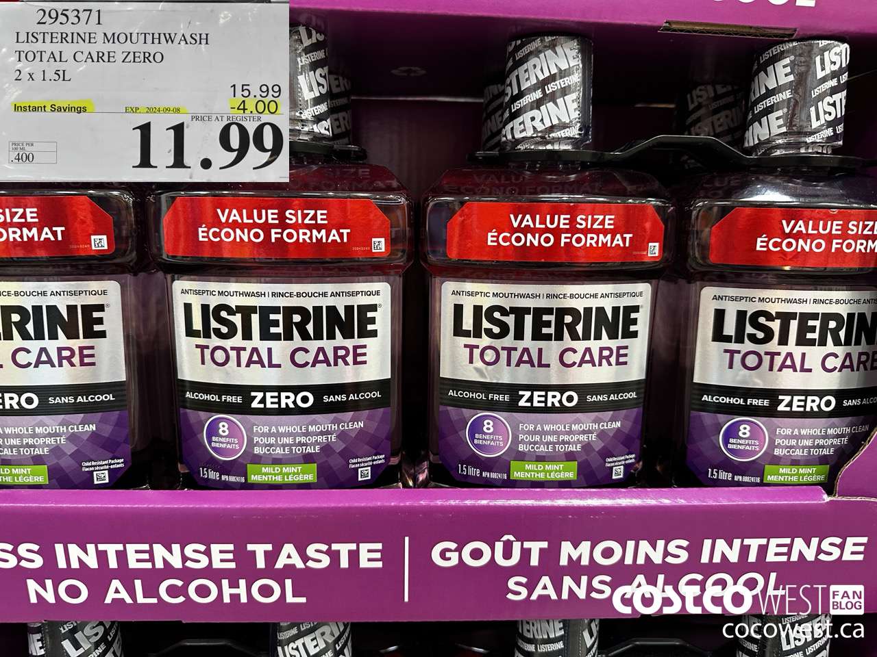 295371 LISTERINE MOUTHWASH TOTAL CARE ZERO 2 X 1.5L ($4.00 INSTANT SAVINGS EXPIRES ON 2024-09-08) $11.99