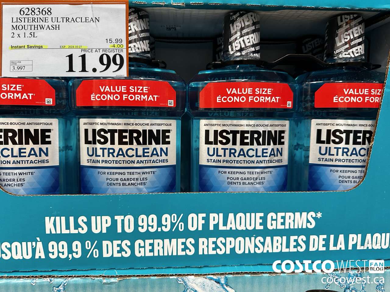 628368 LISTERINE ULTRACLEAN MOUTHWASH 2 X 1.5L ($4.00 INSTANT SAVINGS EXPIRES ON 2024-10-27) $11.99