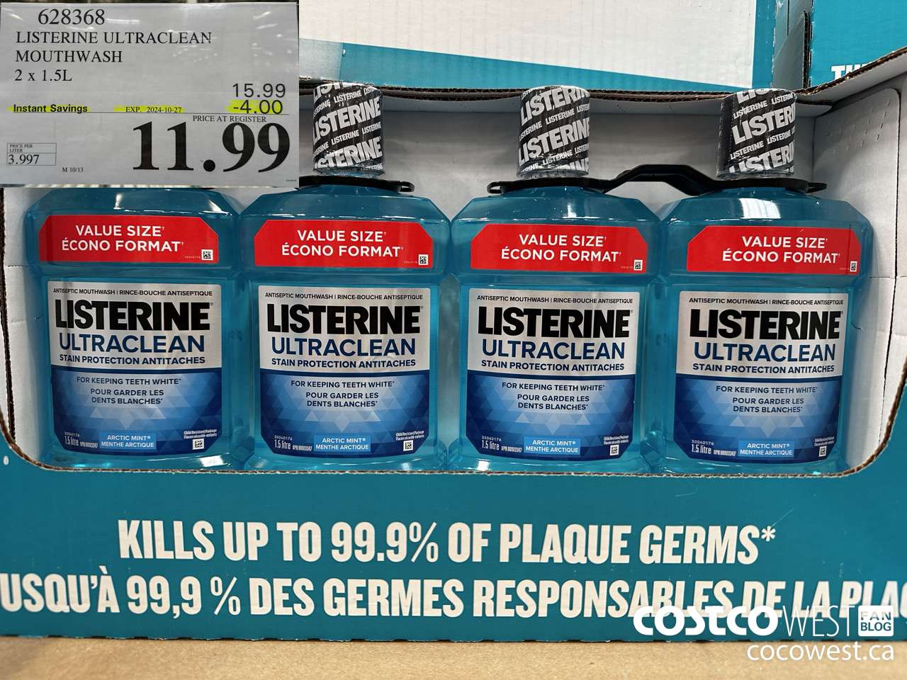 628368 LISTERINE ULTRACLEAN MOUTHWASH 2 X 1.5L ($4.00 INSTANT SAVINGS EXPIRES ON 2024-10-27) $11.99