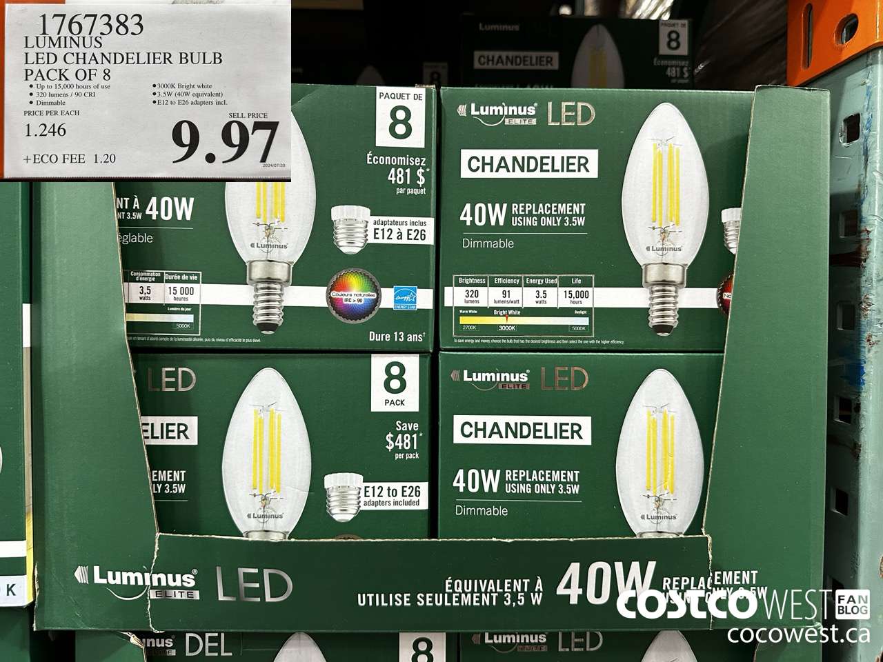 1767383 LUMINUS LED CHANDELIER BULB PACK OF 8 $9.97