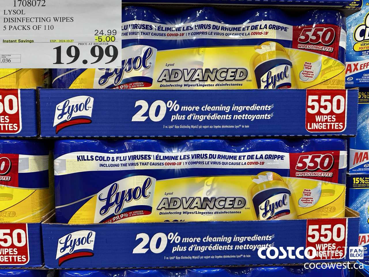 1708072 LYSOL DISINFECTING WIPES 5 X 110 WIPES ($5.00 INSTANT SAVINGS EXPIRES ON 2024-10-27) $19.99