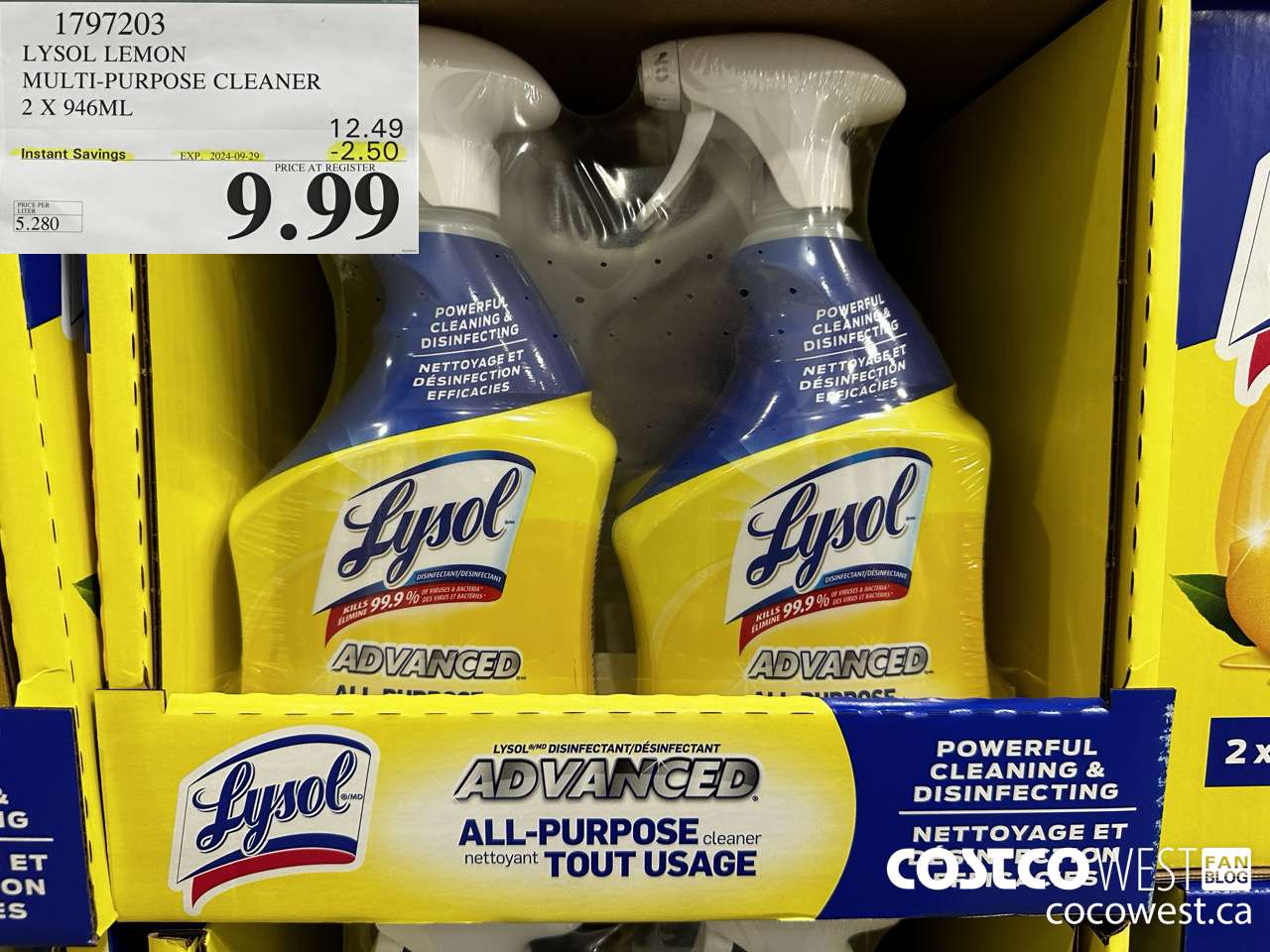 1797203 LYSOL LEMON MULTI-PURPOSE CLEANER 2 X 946ML ($2.50 INSTANT SAVINGS EXPIRES ON 2024-09-29) $9.99
