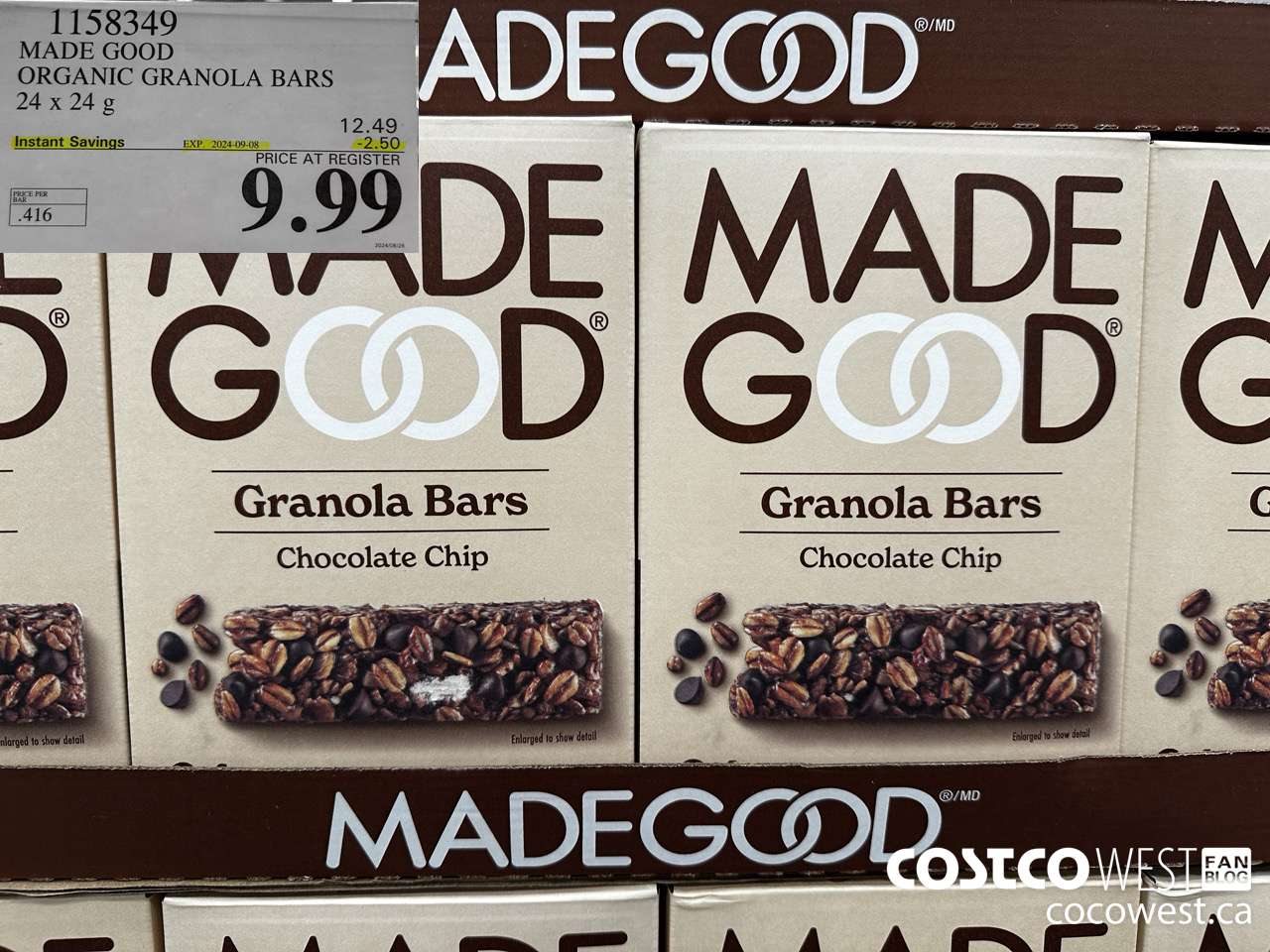 1158349 MADE GOOD ORGANIC GRANOLA BARS 24 x 24g ($2.50 INSTANT SAVINGS EXPIRES ON 2024-09-08) $9.99