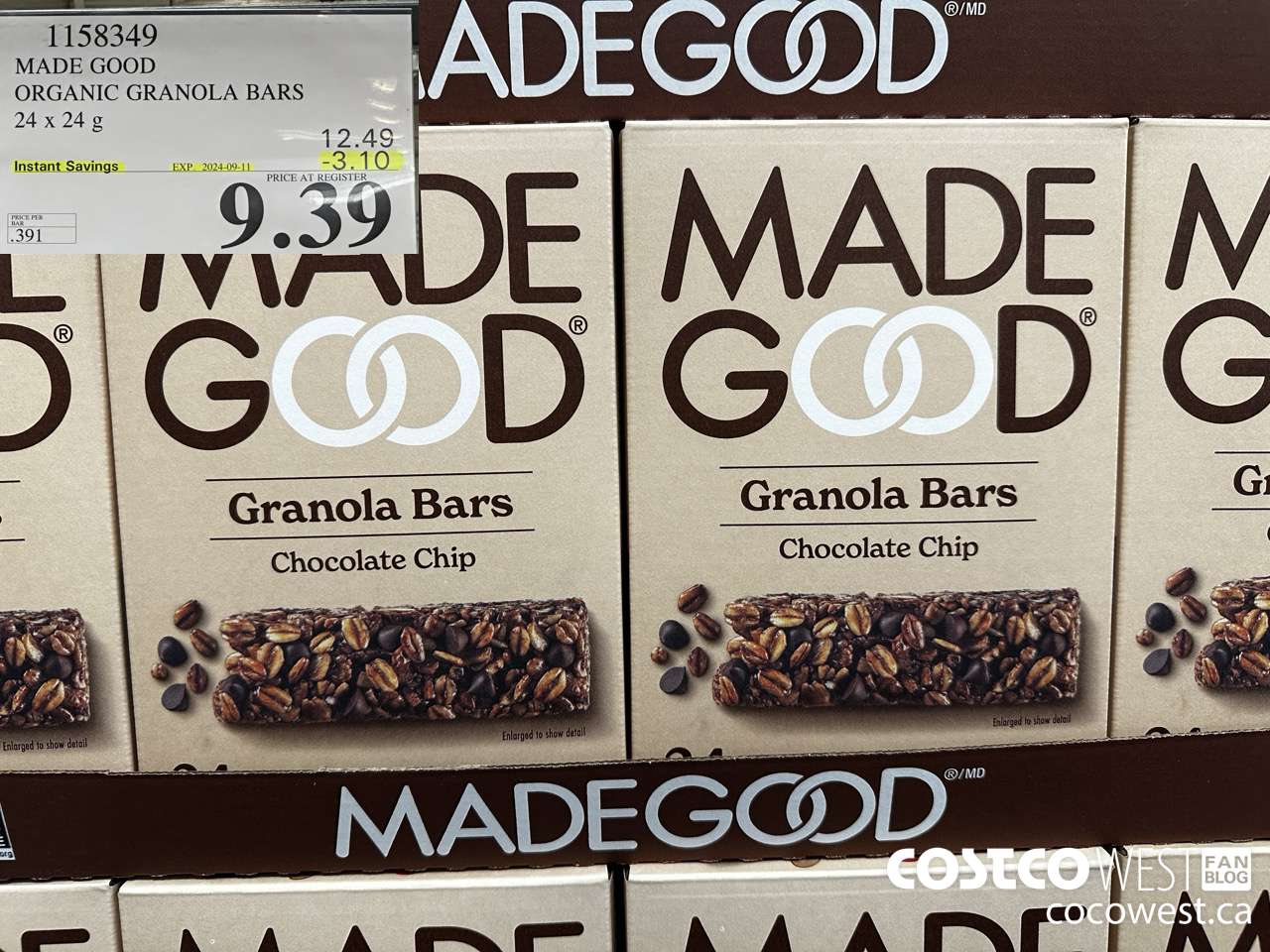 1158349 MADE GOOD ORGANIC GRANOLA BARS 24 x 24g ($3.10 INSTANT SAVINGS EXPIRES ON 2024-09-11) $9.39