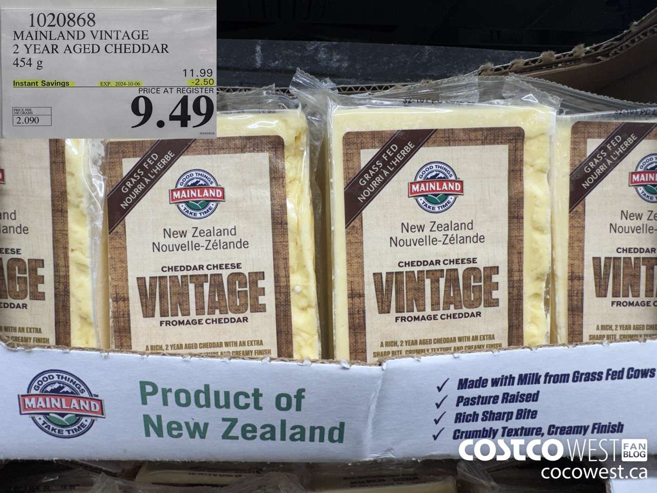 1020868 MAINLAND VINTAGE 2 YEAR AGED CHEDDAR 454 g ($2.50 INSTANT SAVINGS EXPIRES ON 2024-10-06) $9.49