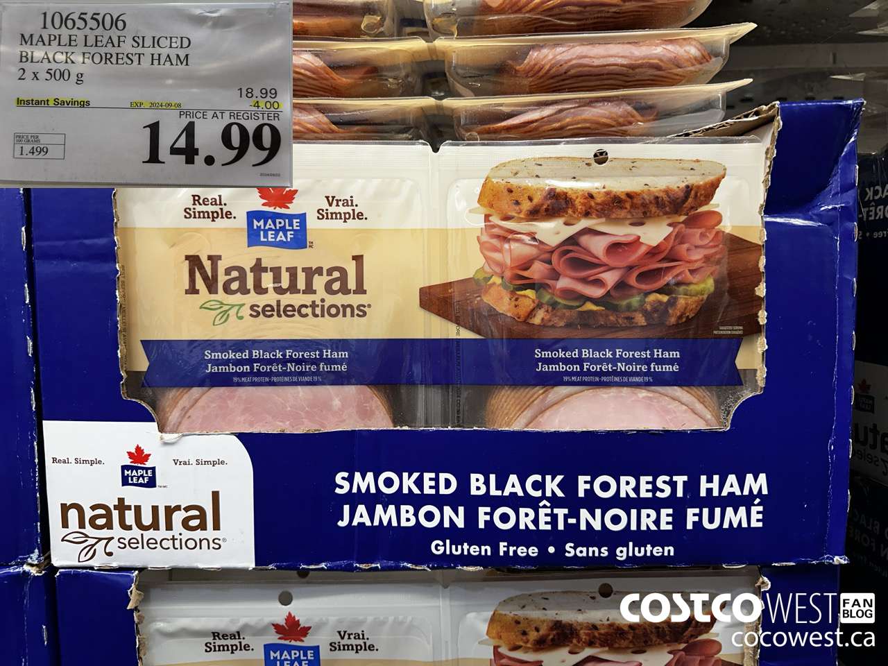 1065506 MAPLE LEAF NATURAL SELECTIONS SLICED BF HAM 2 X 500 G ($4.00 INSTANT SAVINGS EXPIRES ON 2024-09-08) $14.99
