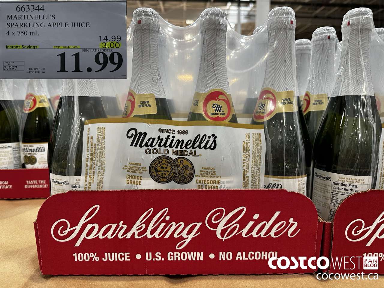 663344 MARTINELLI'S SPARKLING APPLE JUICE 4 X 750 ML ($3.00 INSTANT SAVINGS EXPIRES ON 2024-10-06) $11.99