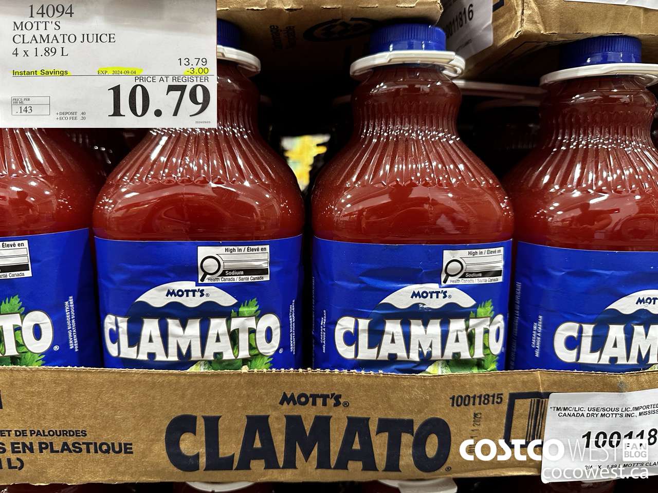 14094 MOTTS CLAMATO JUICE 4 X 1.89 L ($3.00 INSTANT SAVINGS EXPIRES ON 2024-09-04) $10.79
