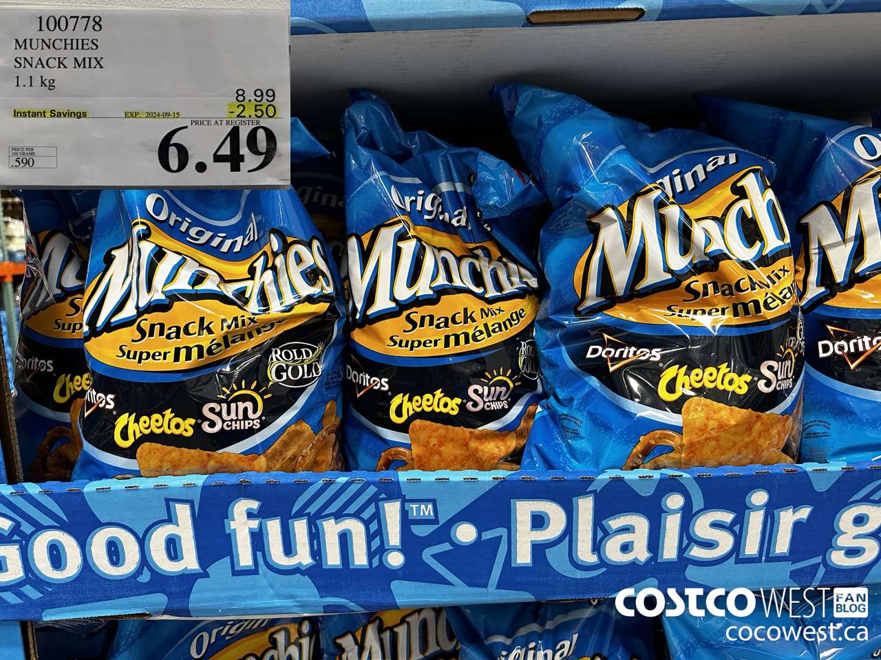 100778 MUNCHIES SNACK MIX 1.1 kg ($2.50 INSTANT SAVINGS EXPIRES ON 2024-09-15) $6.49