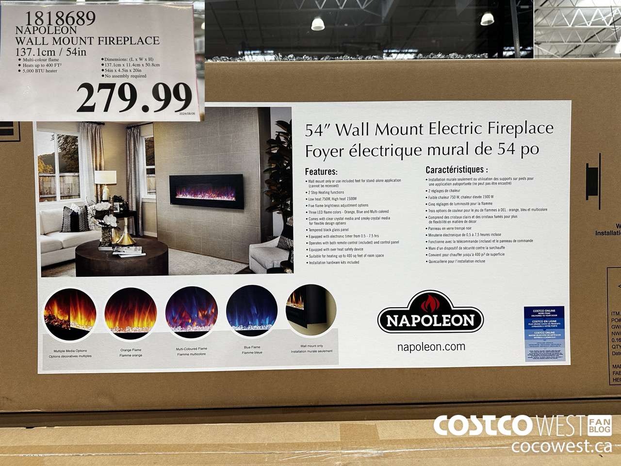 1818689 NAPOLEON WALL MOUNT FIREPLACE 137.1 CM / 54 IN $279.99