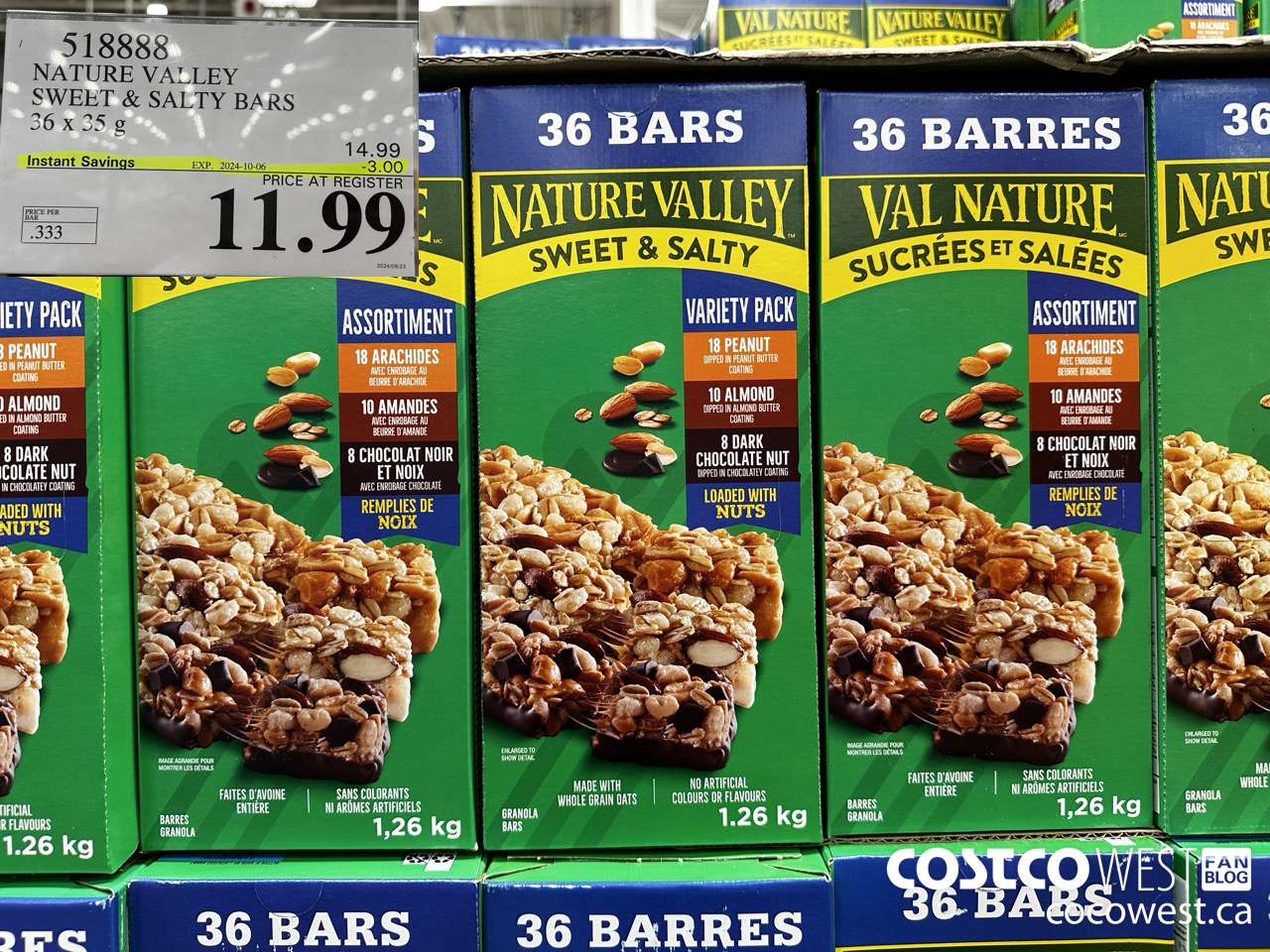 518888 NATURE VALLEY SWEET & SALTY BARS 36 X 35 G ($3.00 INSTANT SAVINGS EXPIRES ON 2024-10-06) $11.99