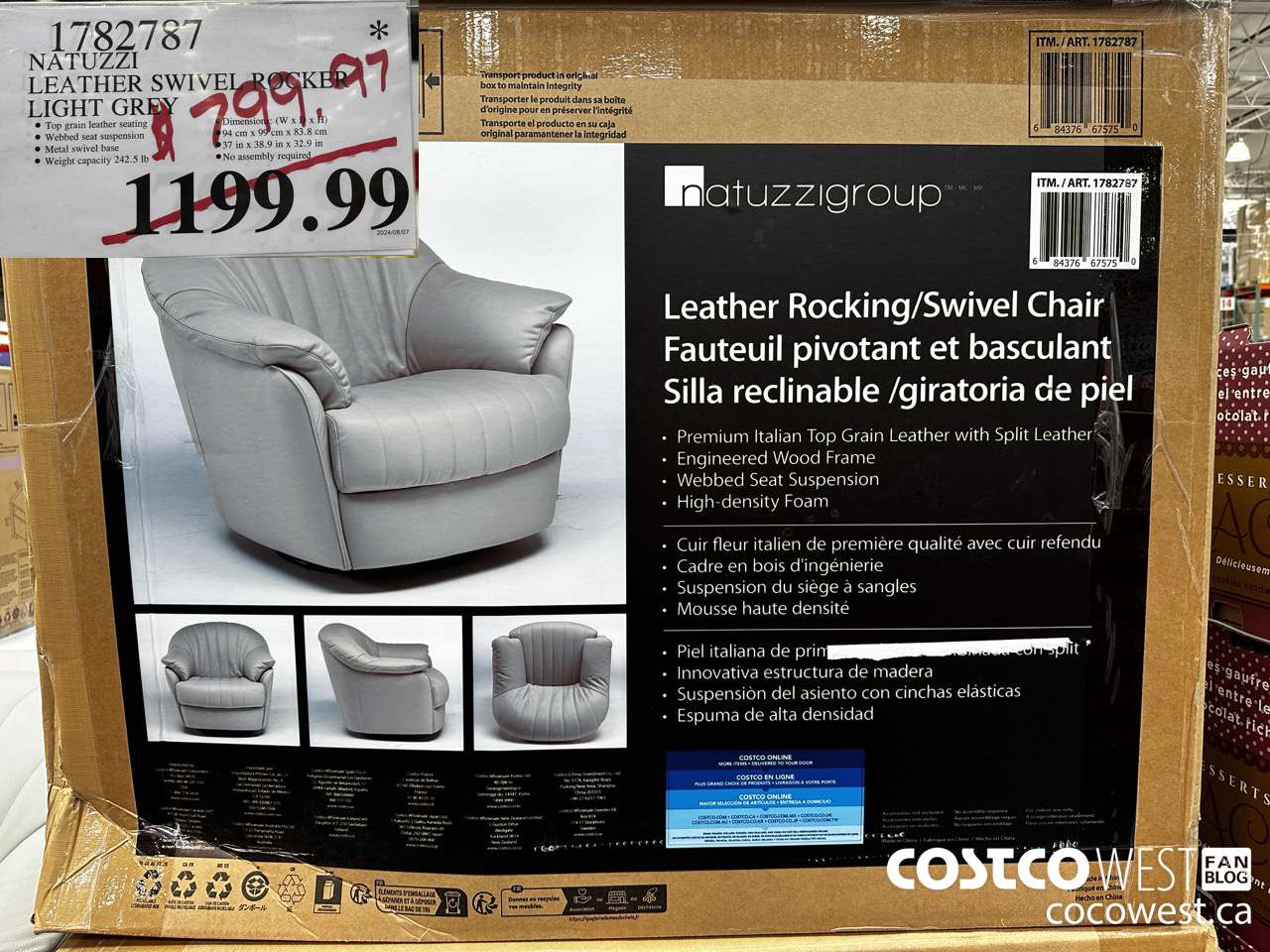 1782787 NATUZZI LEATHER SWIVEL ROCKER LIGHT GREY $799.97