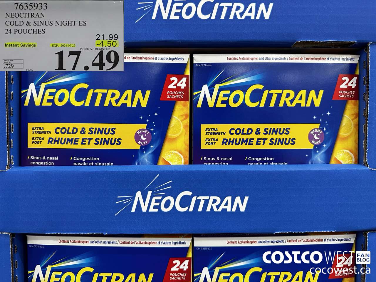 7635933 NEOCITRAN COLD & SINUS NIGHT ES 24 POUCHES ($4.50 INSTANT SAVINGS EXPIRES ON 2024-09-29) $17.49
