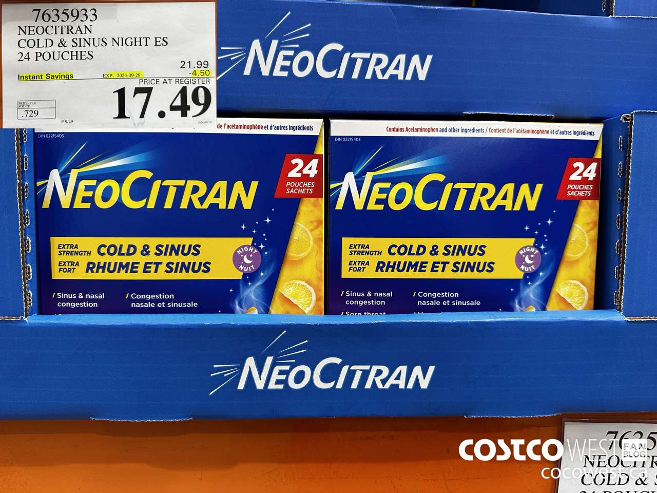 7635933 NEOCITRAN COLD & SINUS NIGHT ES 24 POUCHES ($4.50 INSTANT SAVINGS EXPIRES ON 2024-09-29) $17.49