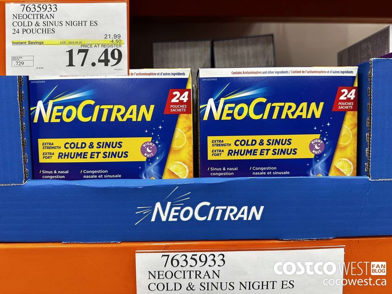 7635933 NEOCITRAN COLD & SINUS NIGHT ES 24 POUCHES ($4.50 INSTANT SAVINGS EXPIRES ON 2024-09-29) $17.49