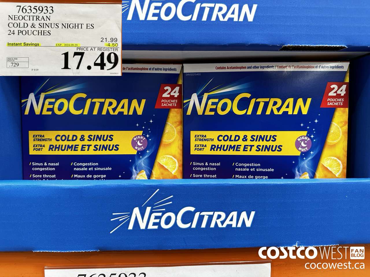 7635933 NEOCITRAN COLD & SINUS NIGHT ES 24 POUCHES ($4.50 INSTANT SAVINGS EXPIRES ON 2024-09-29) $17.49