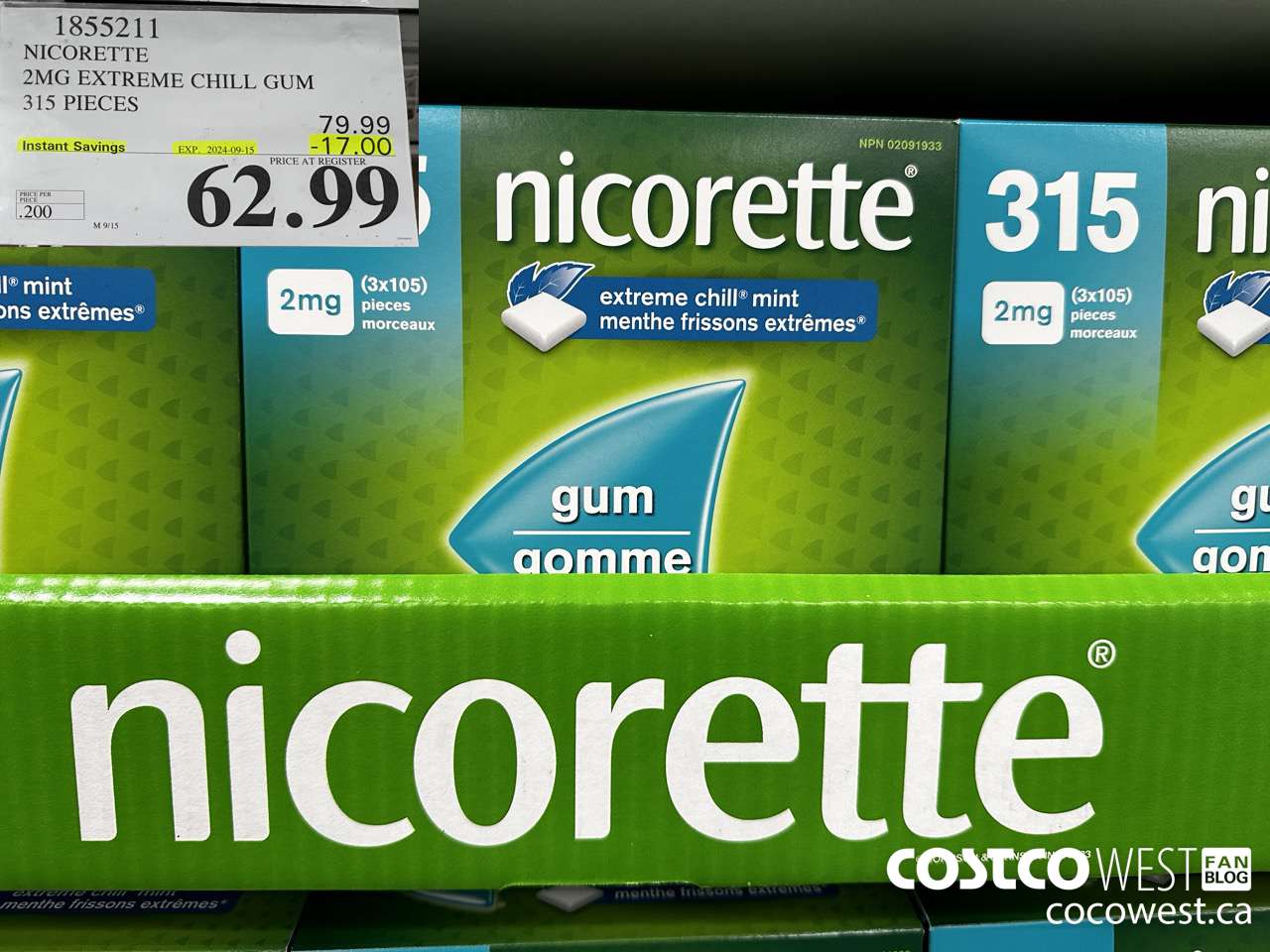 1855211 NICORETTE 2MG EXTREME CHILL GUM 315 PIECES ($17.00 INSTANT SAVINGS EXPIRES ON 2024-09-15) $62.99