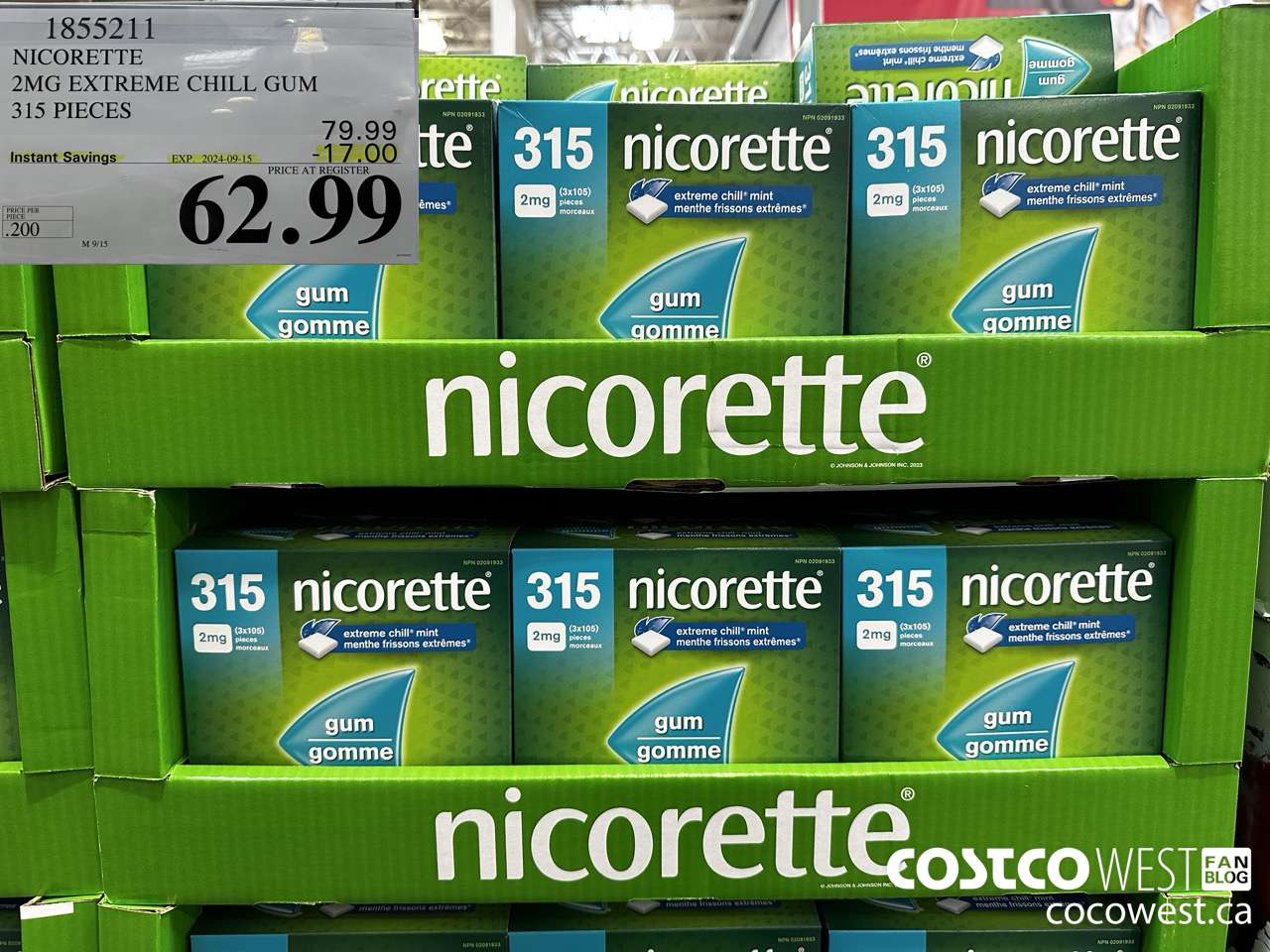 1855211 NICORETTE 2MG EXTREME CHILL GUM 315 PIECES ($17.00 INSTANT SAVINGS EXPIRES ON 2024-09-15) $62.99