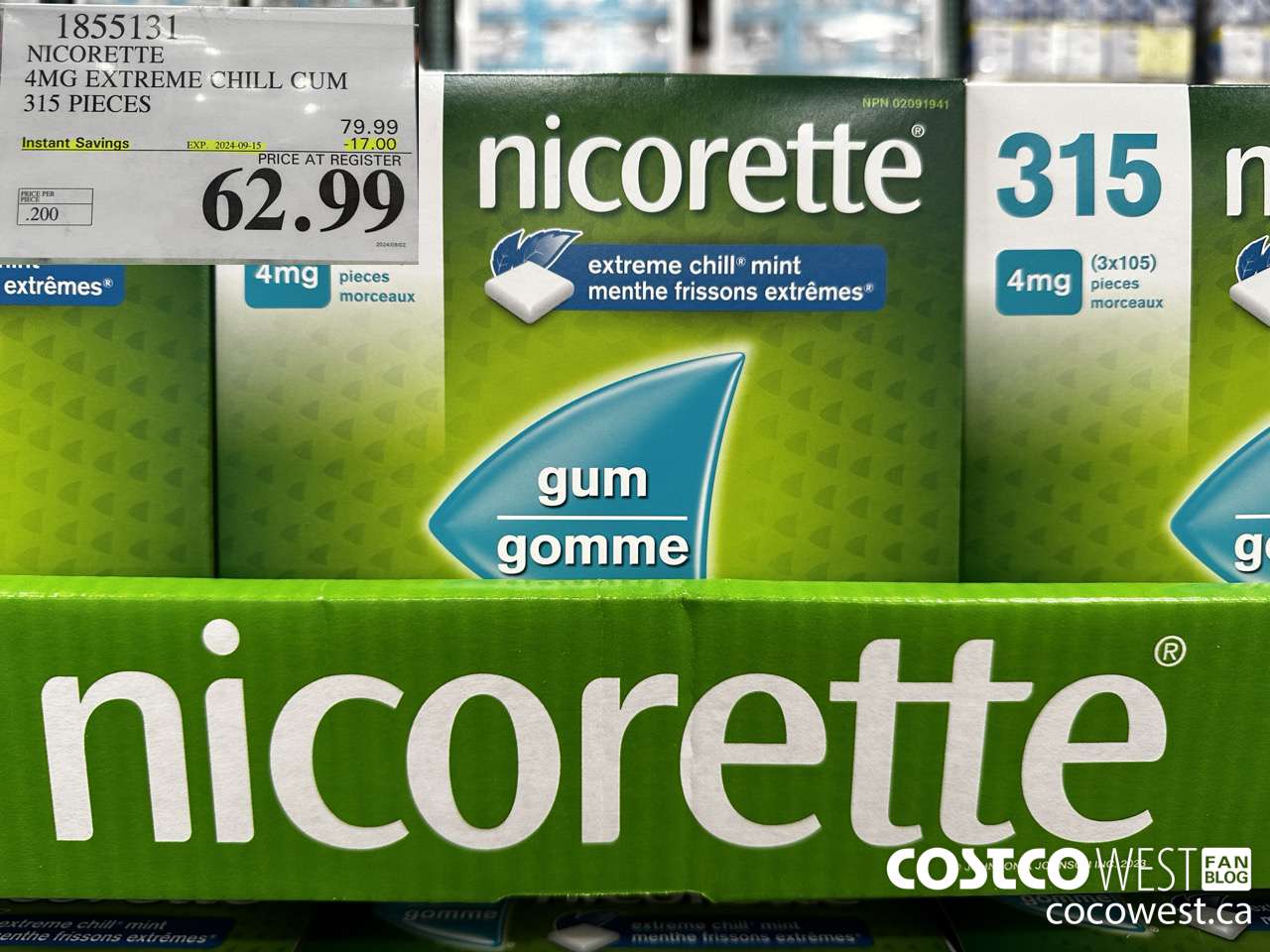 1855131 NICORETTE 4MG EXTREME CHILL GUM 315 PIECES ($17.00 INSTANT SAVINGS EXPIRES ON 2024-09-15) $62.99