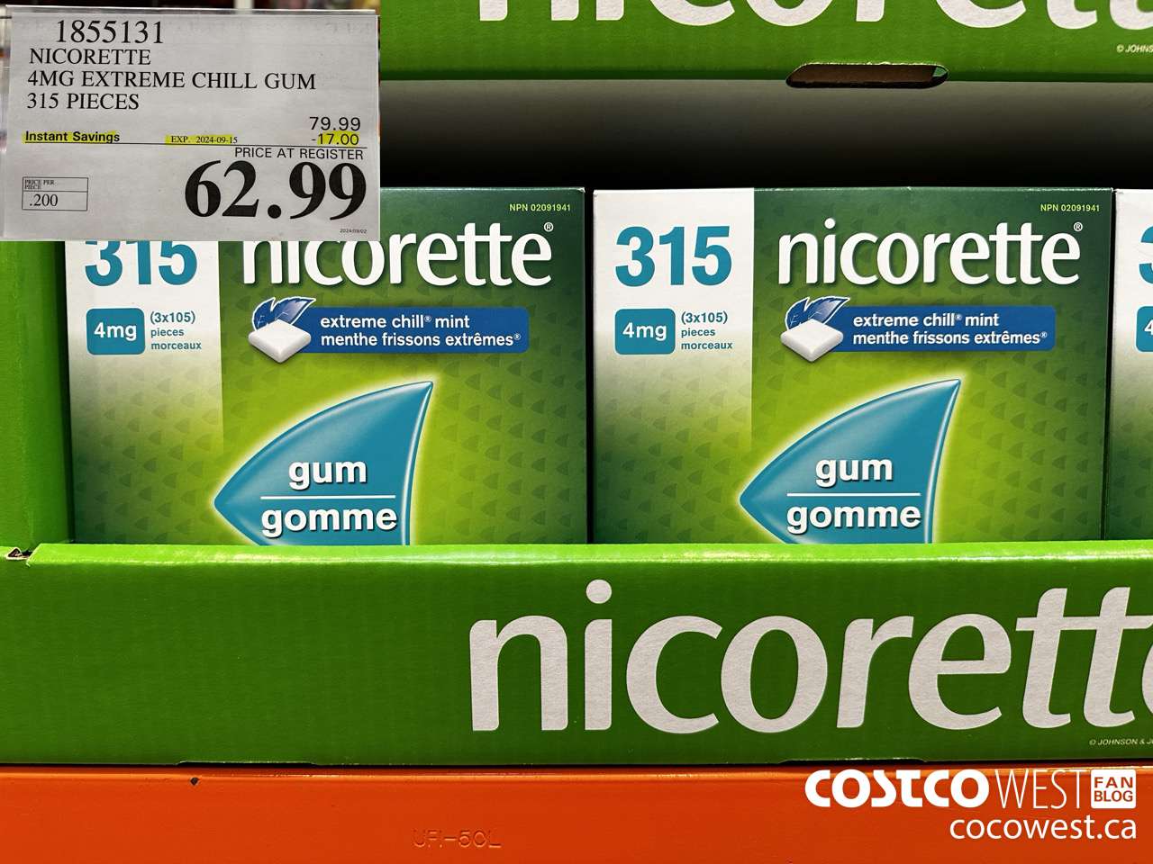 1855131 NICORETTE 4MG EXTREME CHILL GUM 315 PIECES ($17.00 INSTANT SAVINGS EXPIRES ON 2024-09-15) $62.99