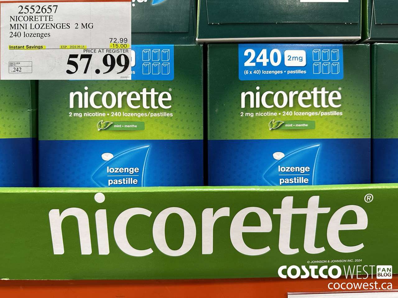 2552657 NICORETTE MINI LOZENGES 2MG 240 LOZENGES ($15.00 INSTANT SAVINGS EXPIRES ON 2024-09-15) $57.99