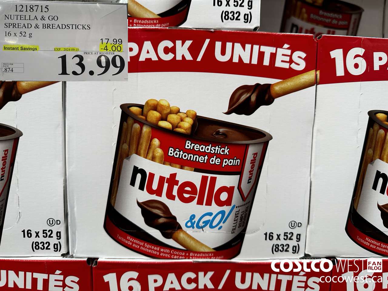 1218715 NUTELLA AND GO SPREAD & BREADSTICKS 16 X 52 G ($4.00 INSTANT SAVINGS EXPIRES ON 2024-09-15) $13.99