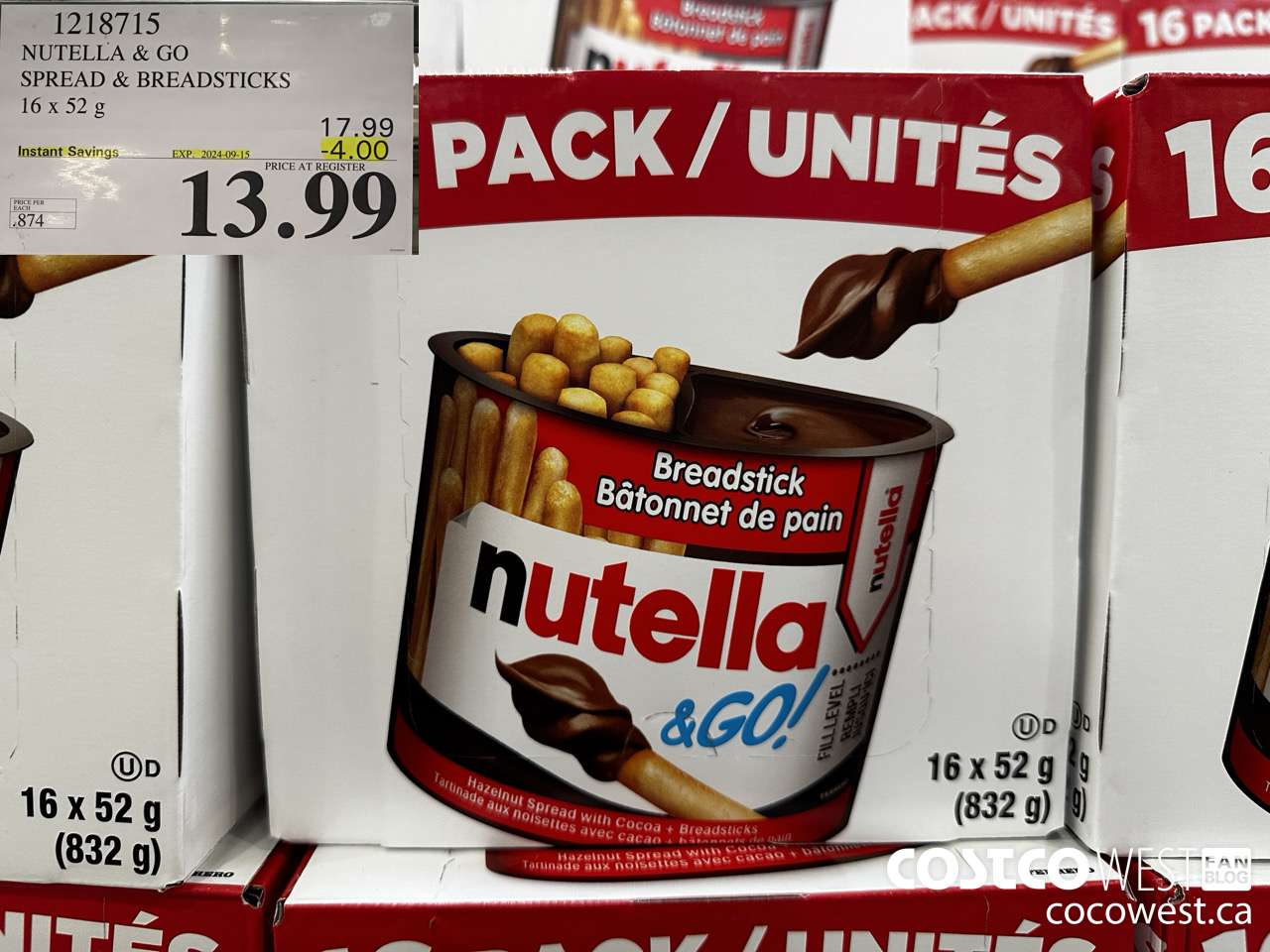 1218715 NUTELLA AND GO SPREAD & BREADSTICKS 16 X 52 G ($4.00 INSTANT SAVINGS EXPIRES ON 2024-09-15) $13.99