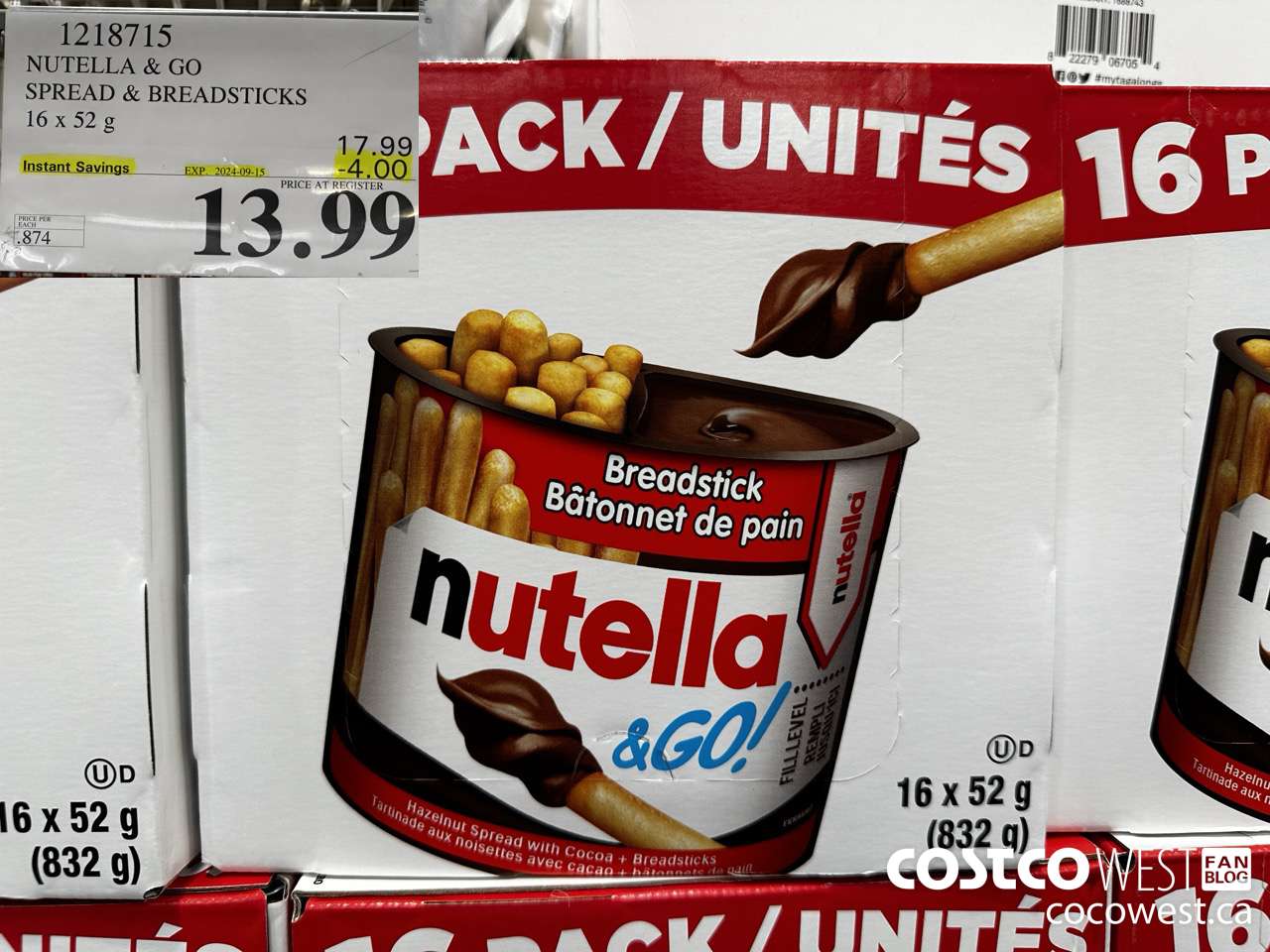 1218715 NUTELLA AND GO SPREAD & BREADSTICKS 16 X 52 G ($4.00 INSTANT SAVINGS EXPIRES ON 2024-09-15) $13.99