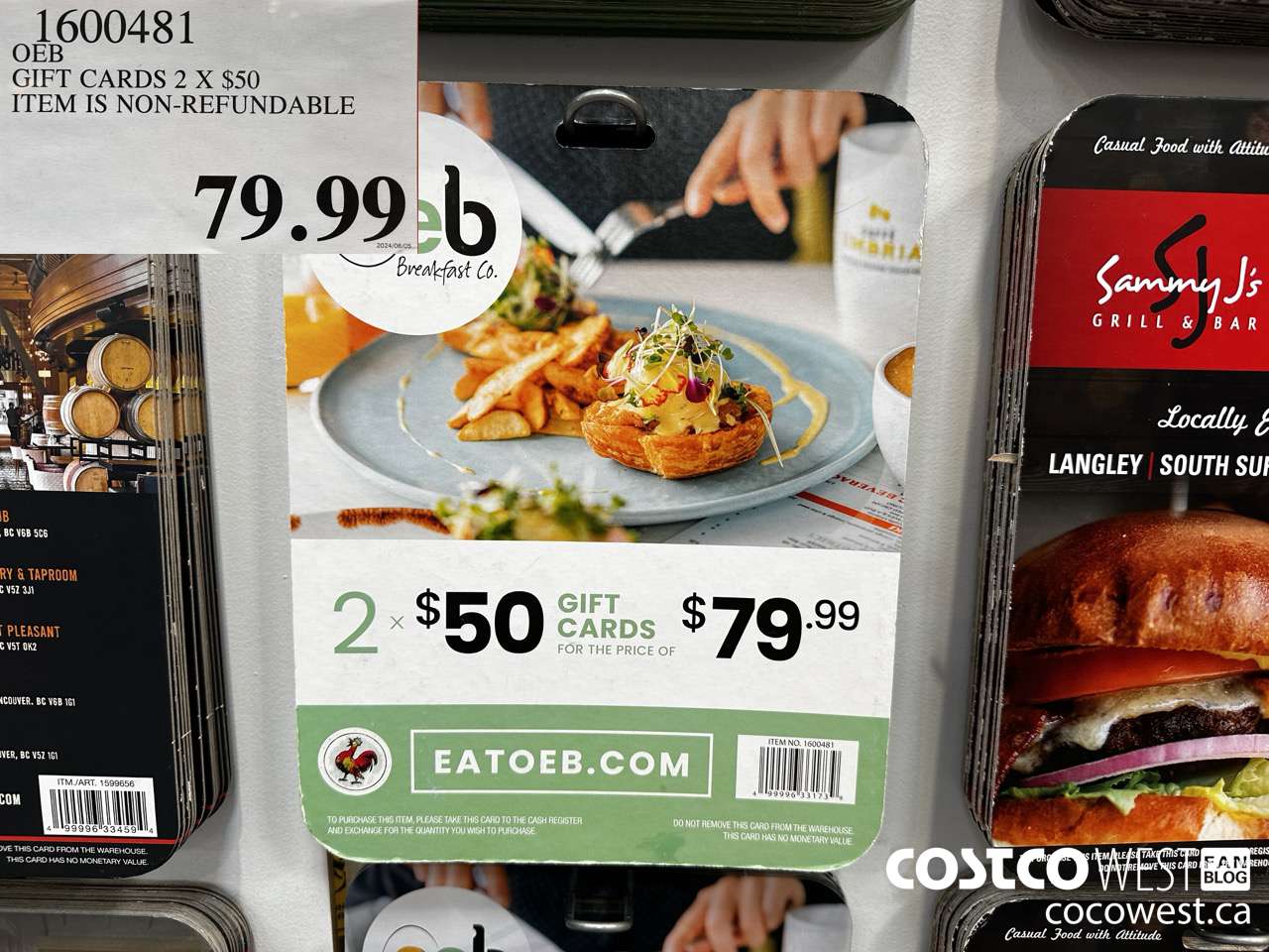 1600481 OEB RESTAURANT GIFT CARDS 2 x $50  $79.99