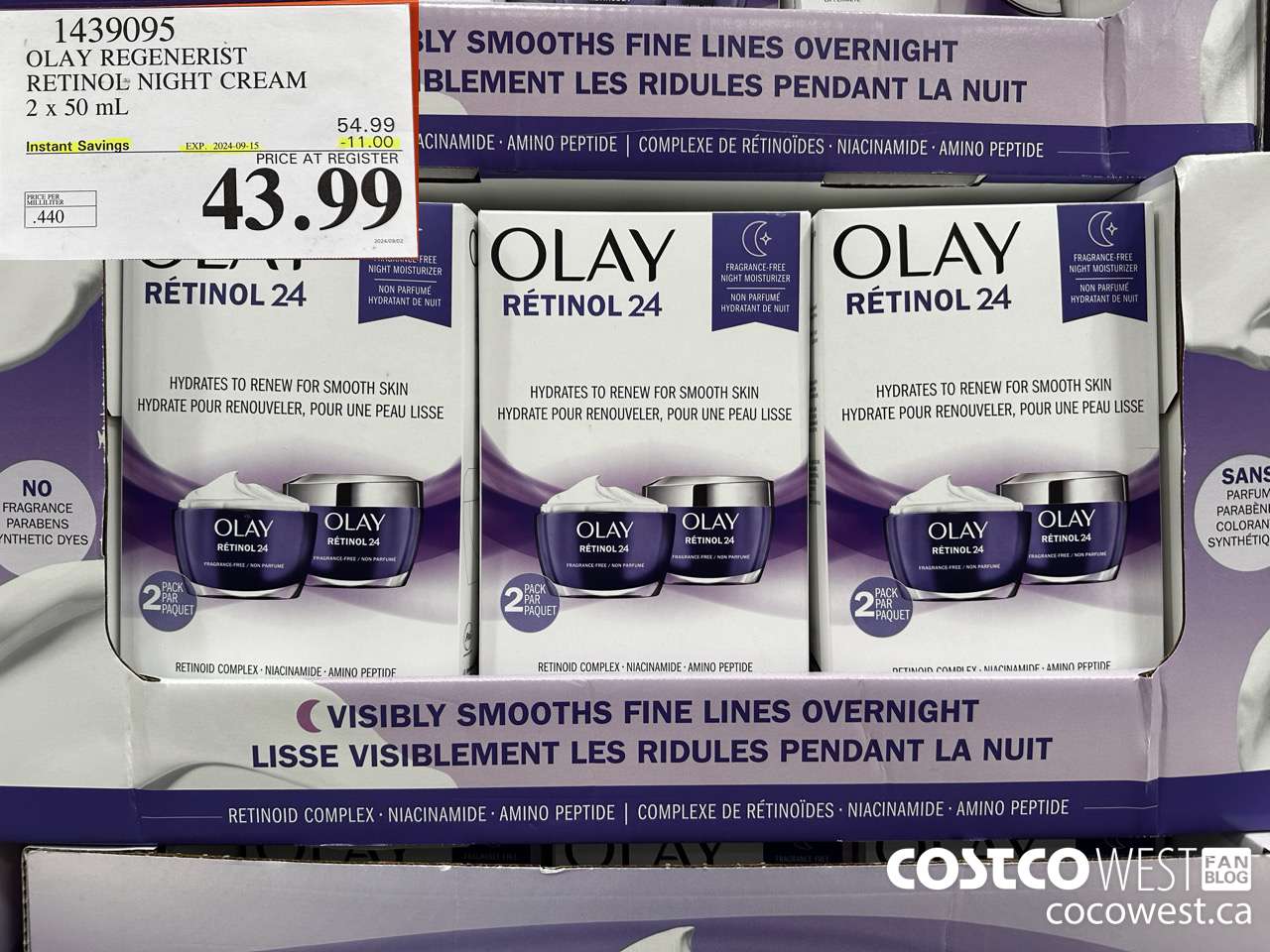 1439095 OLAY REGENERIST RETINOL24 NIGHT CREAM 2 x 50 mL ($11.00 INSTANT SAVINGS EXPIRES ON 2024-09-15) $43.99
