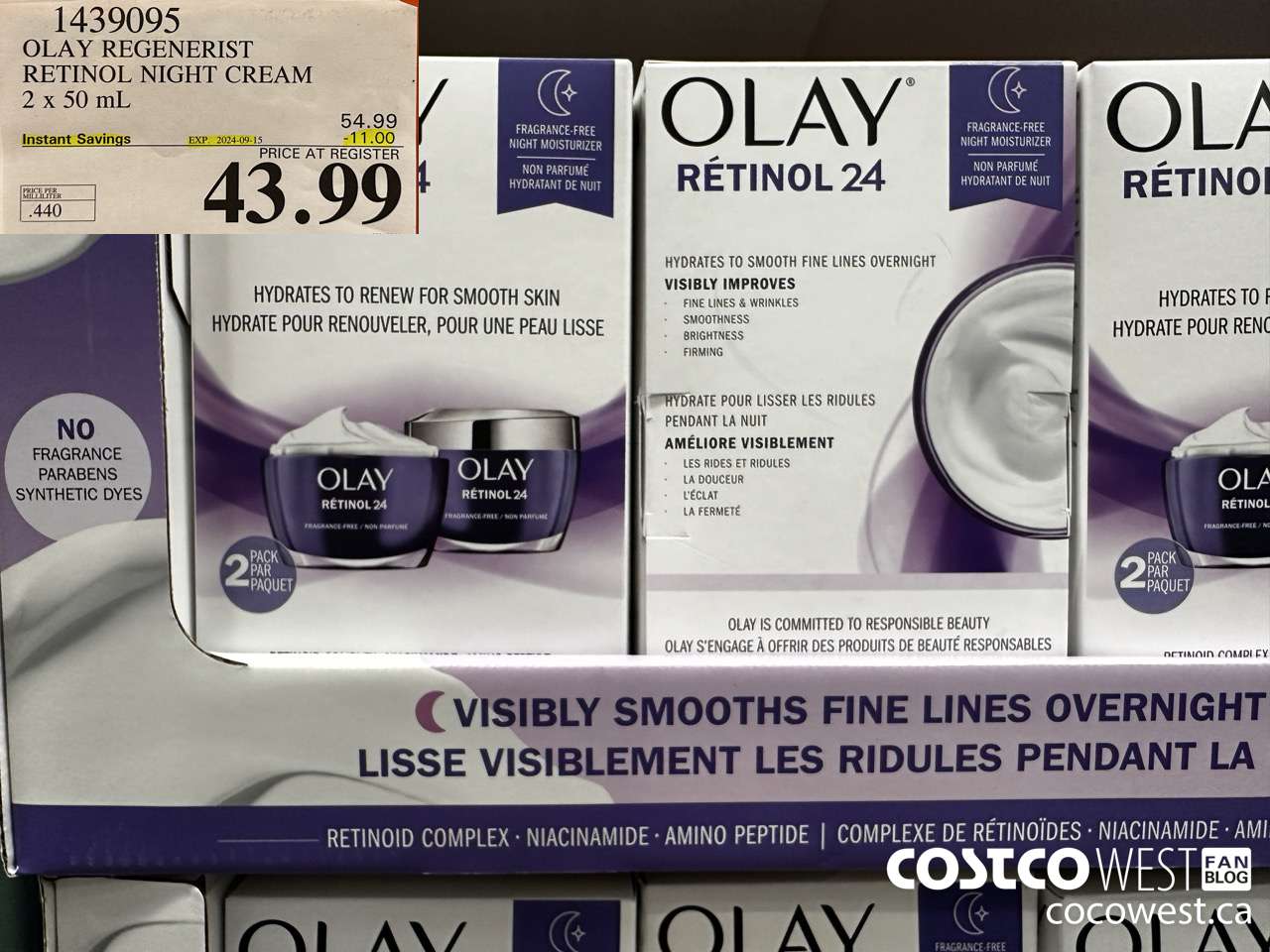 1439095 OLAY REGENERIST RETINOL24 NIGHT CREAM 2 x 50 mL ($11.00 INSTANT SAVINGS EXPIRES ON 2024-09-15) $43.99